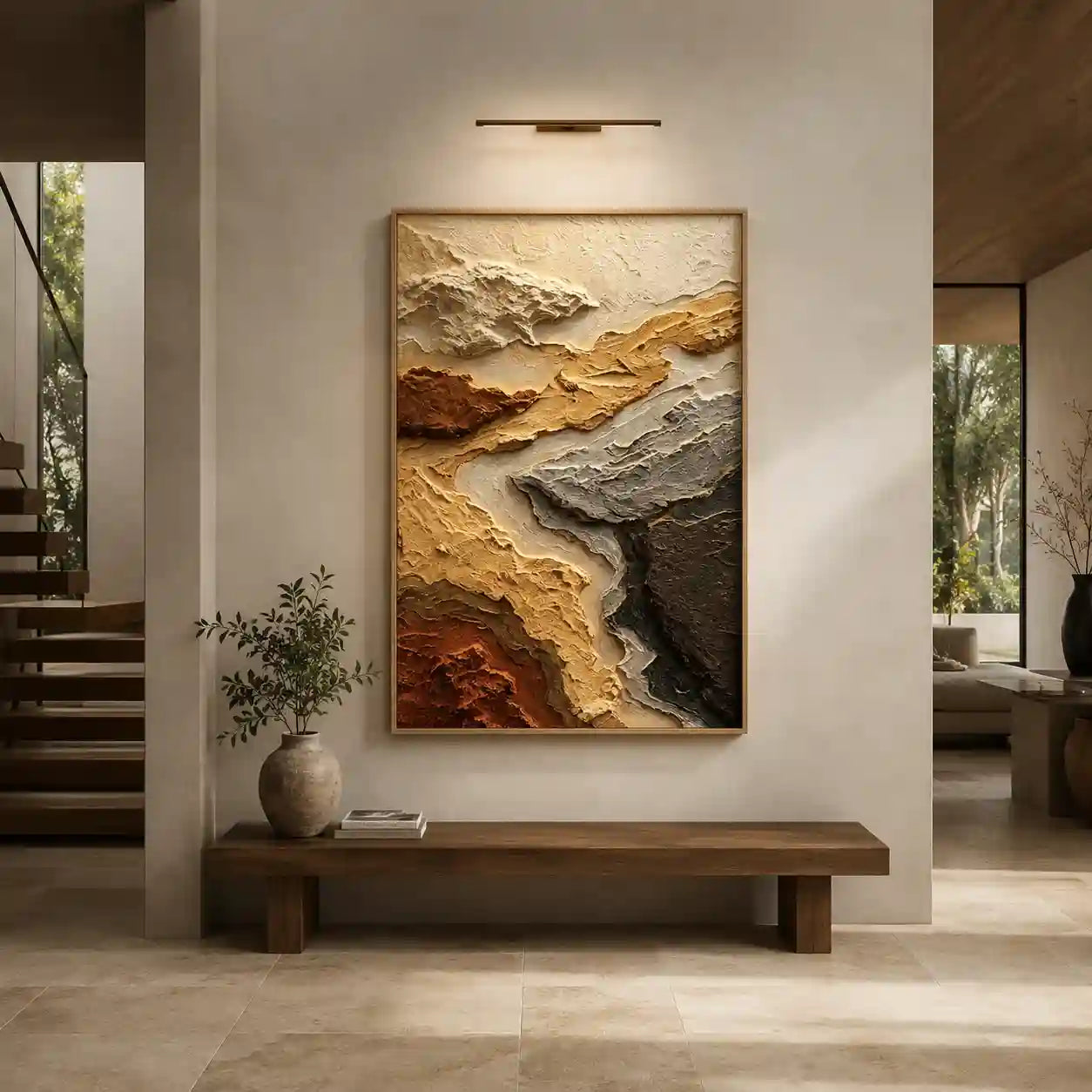 Abstract Earth Tone Landscape Wall Art with Layered Texture for Entryway