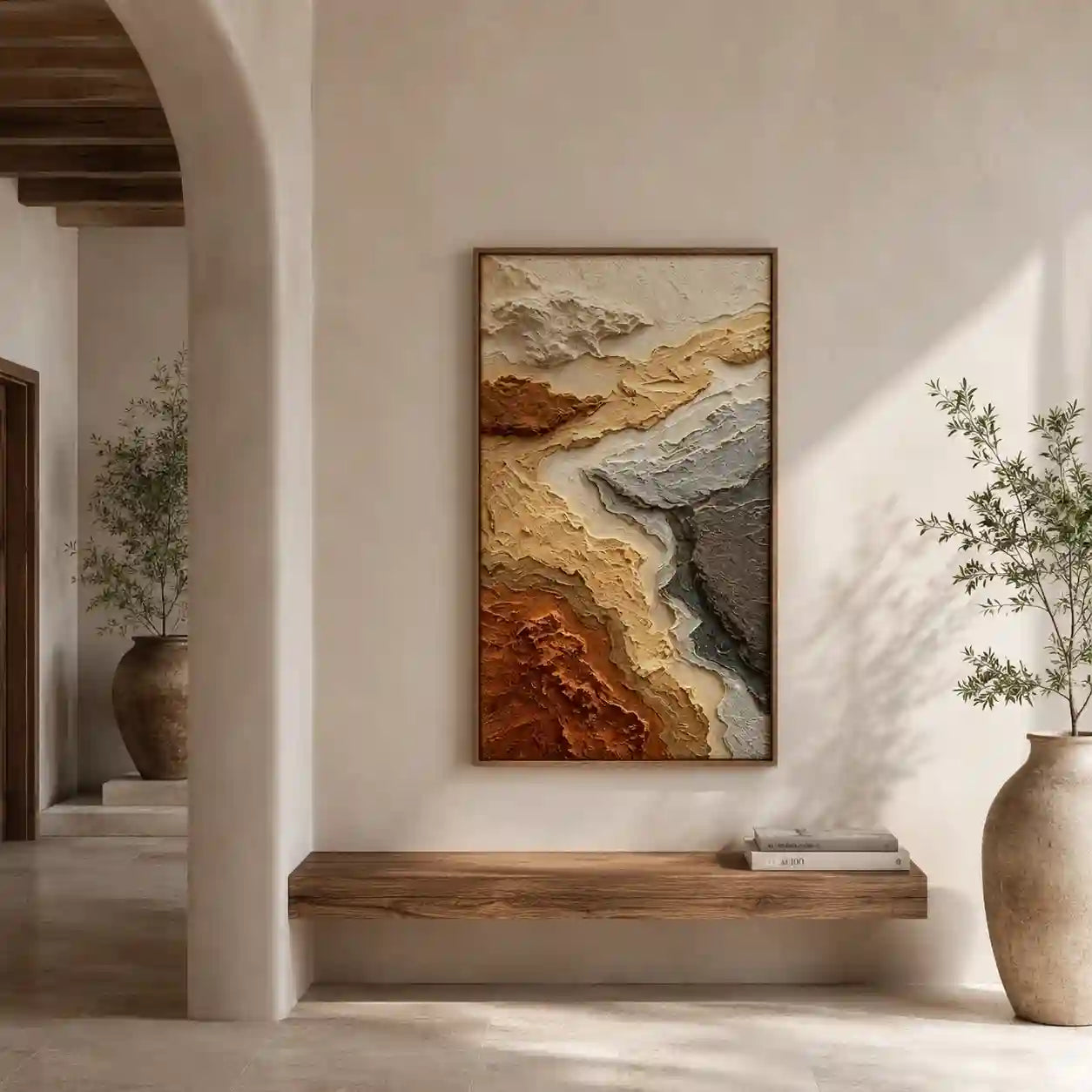 Abstract Earth Tone Landscape Wall Art with Layered Texture for Entryway