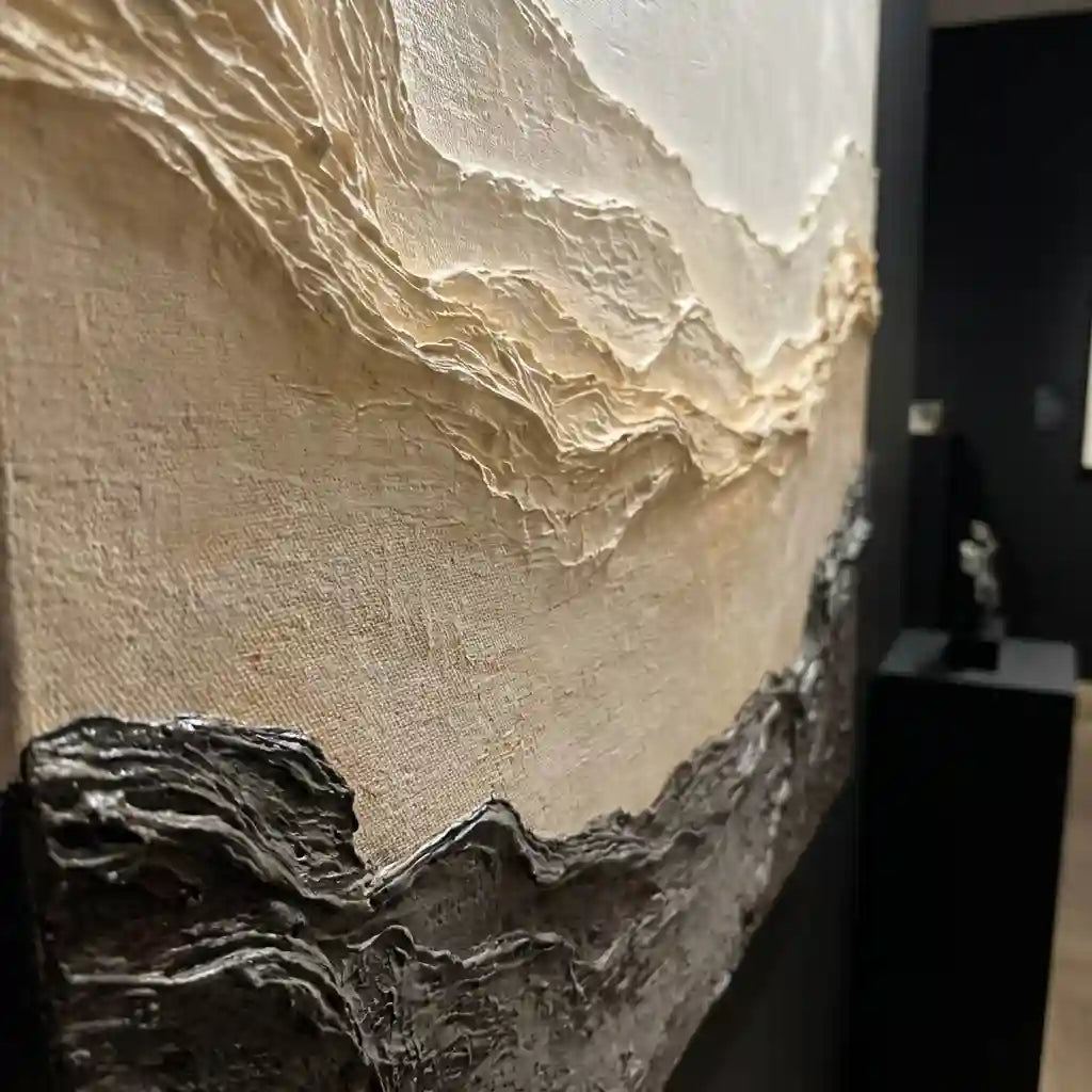 Minimalist Textured Mountain Wall Art in Beige and Charcoal for Living Room