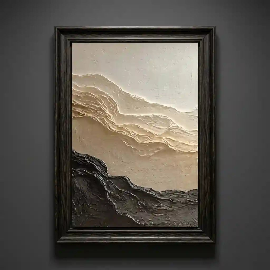 Minimalist Textured Mountain Wall Art in Beige and Charcoal for Living Room