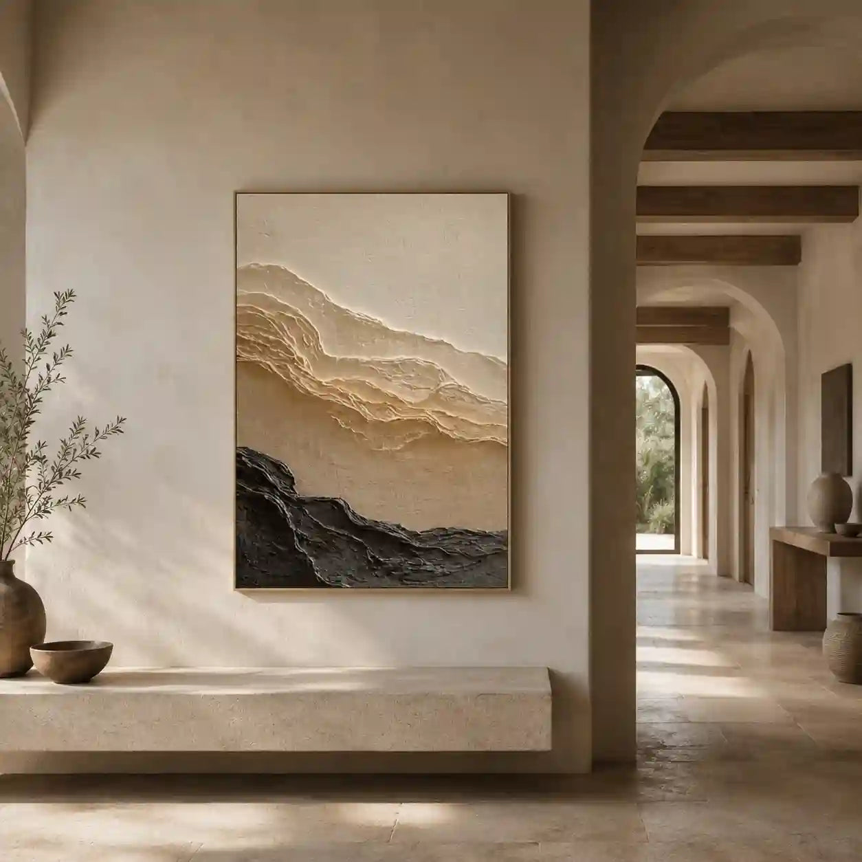 Minimalist Textured Mountain Wall Art in Beige and Charcoal for Living Room