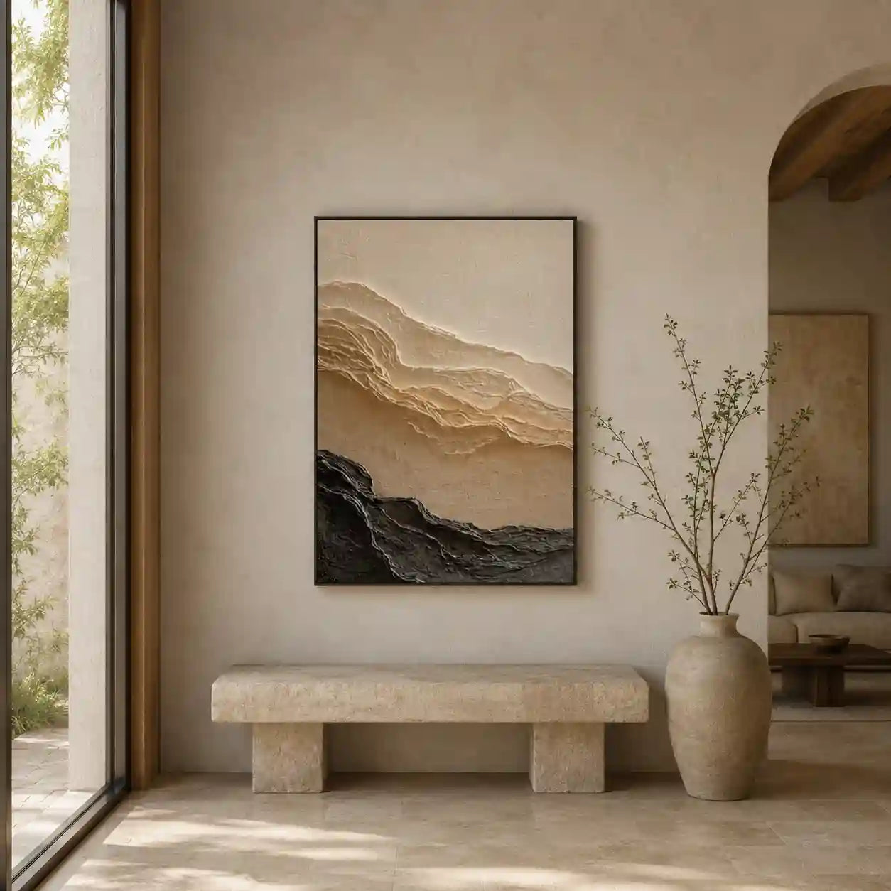 Minimalist Textured Mountain Wall Art in Beige and Charcoal for Living Room