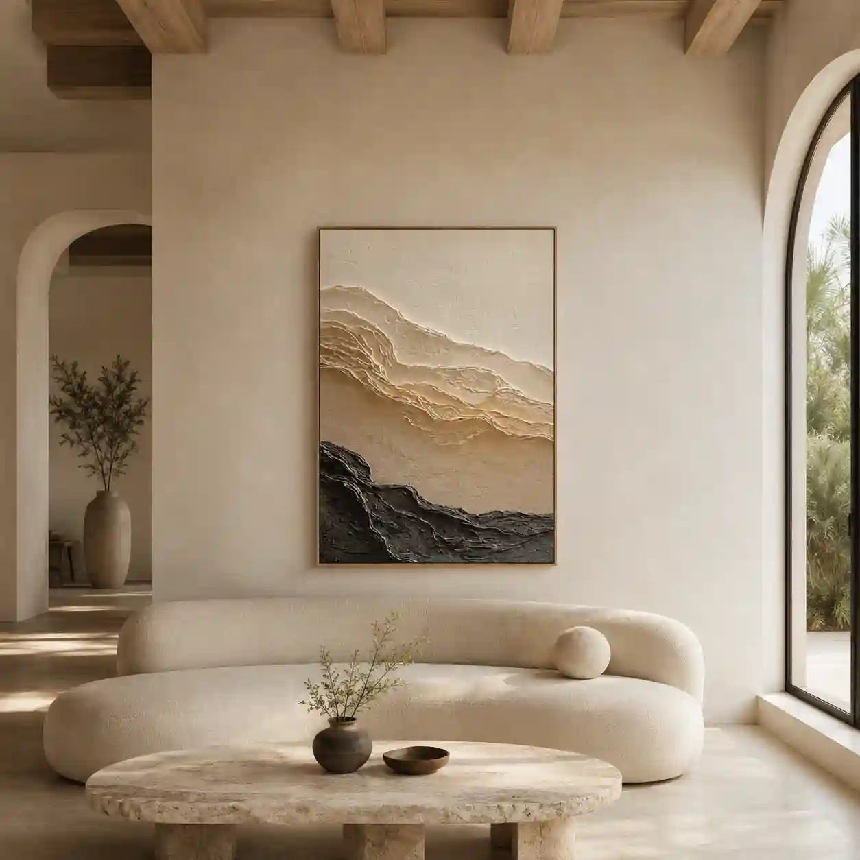 Minimalist Textured Mountain Wall Art in Beige and Charcoal for Living Room