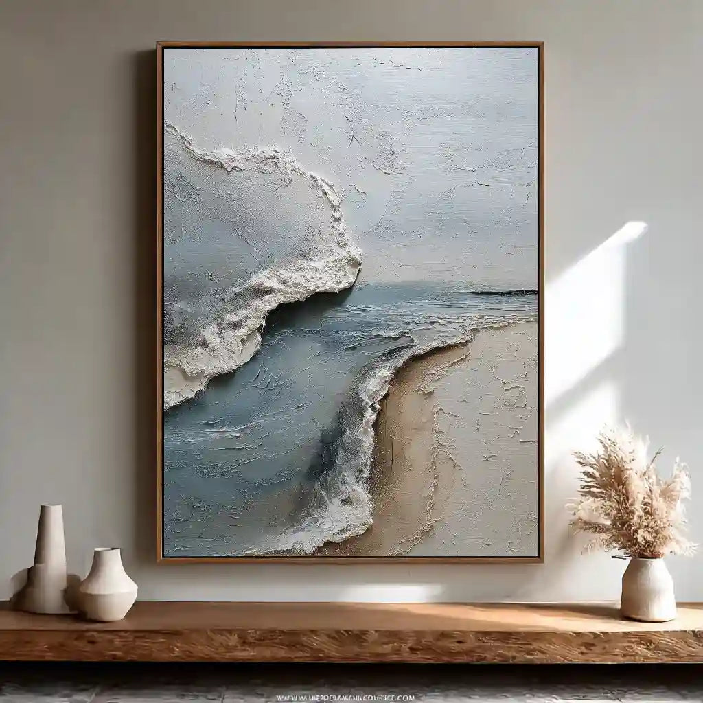 Coastal Abstract Textured Wall Art in Blue Gray and Sand for Living Room