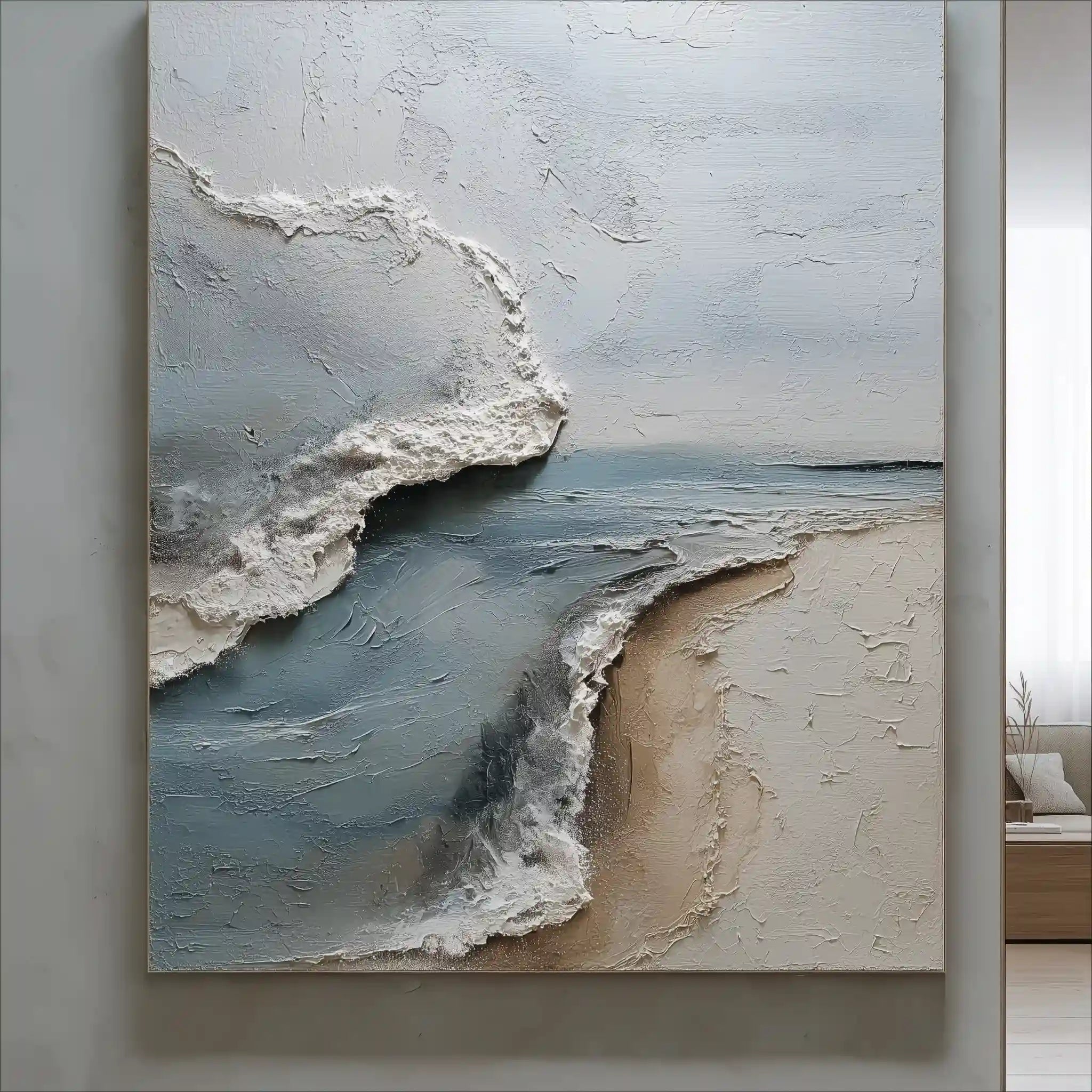 Coastal Abstract Textured Wall Art in Blue Gray and Sand for Living Room