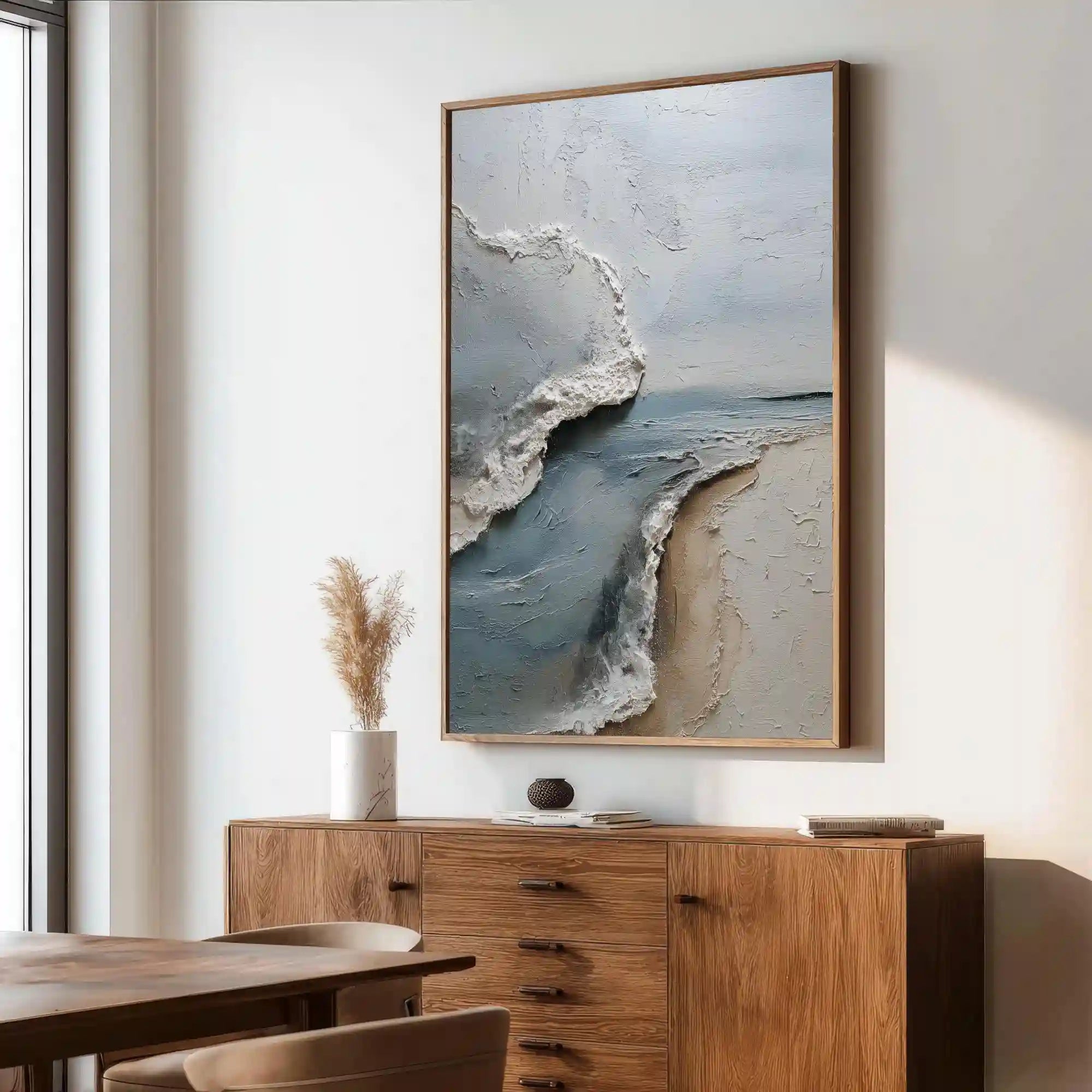 Coastal Abstract Textured Wall Art in Blue Gray and Sand for Living Room