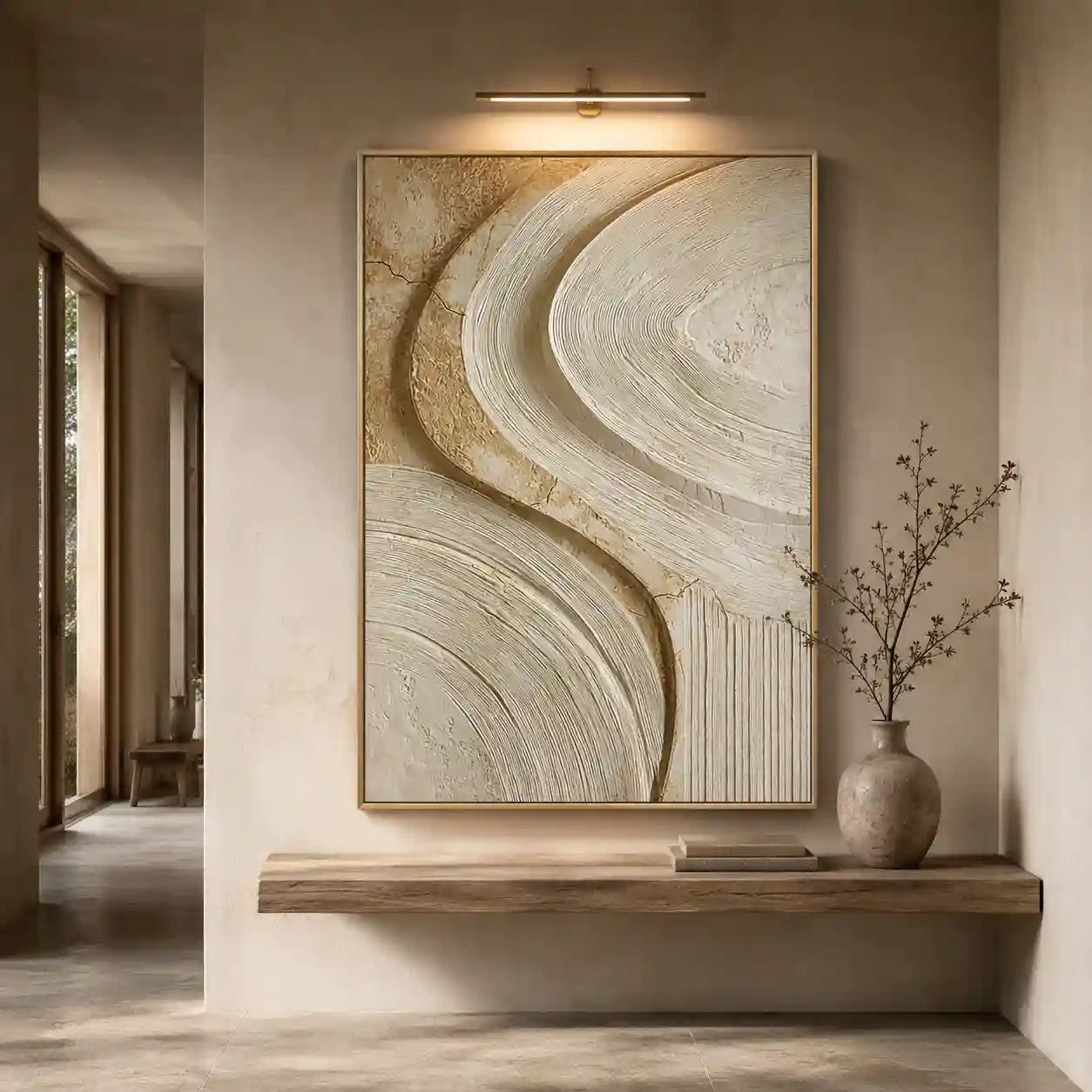 Warm Neutral Textured Abstract Wall Art with Flowing Curves for Living Room