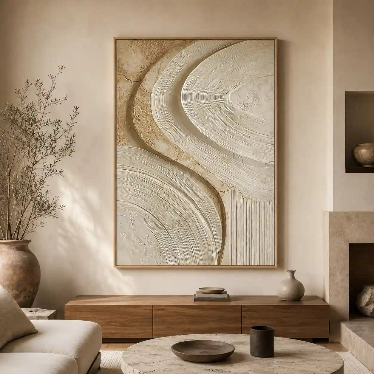 Warm Neutral Textured Abstract Wall Art with Flowing Curves for Living Room