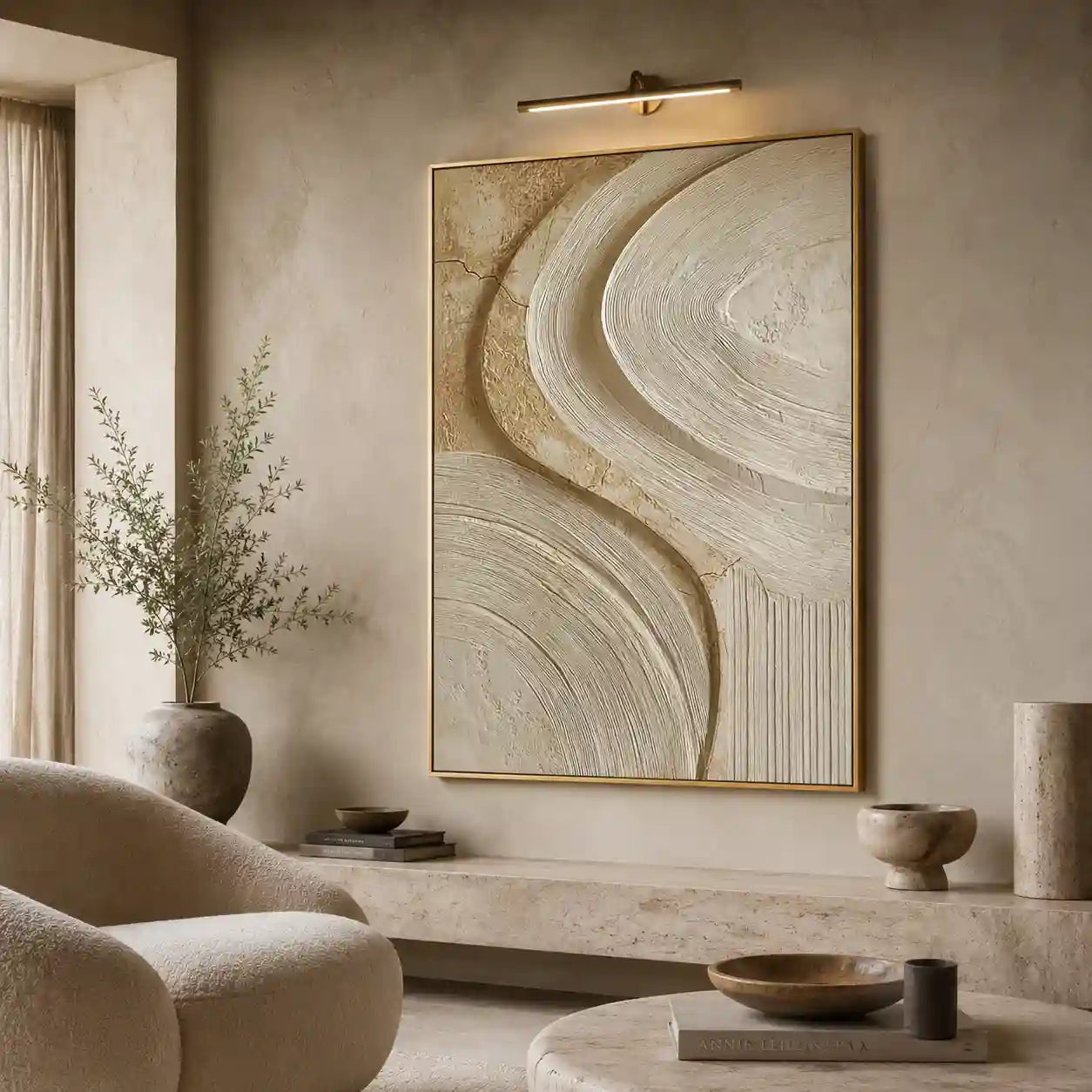 Warm Neutral Textured Abstract Wall Art with Flowing Curves for Living Room