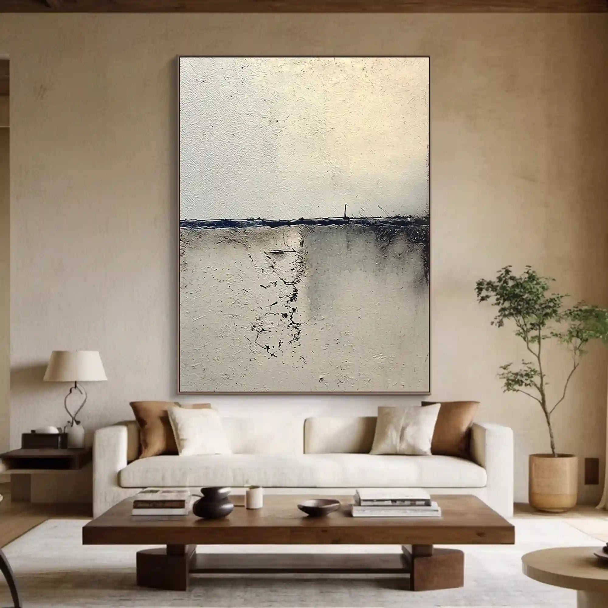 Minimalist Textured Abstract Wall Art in Ivory and Charcoal for Living Room