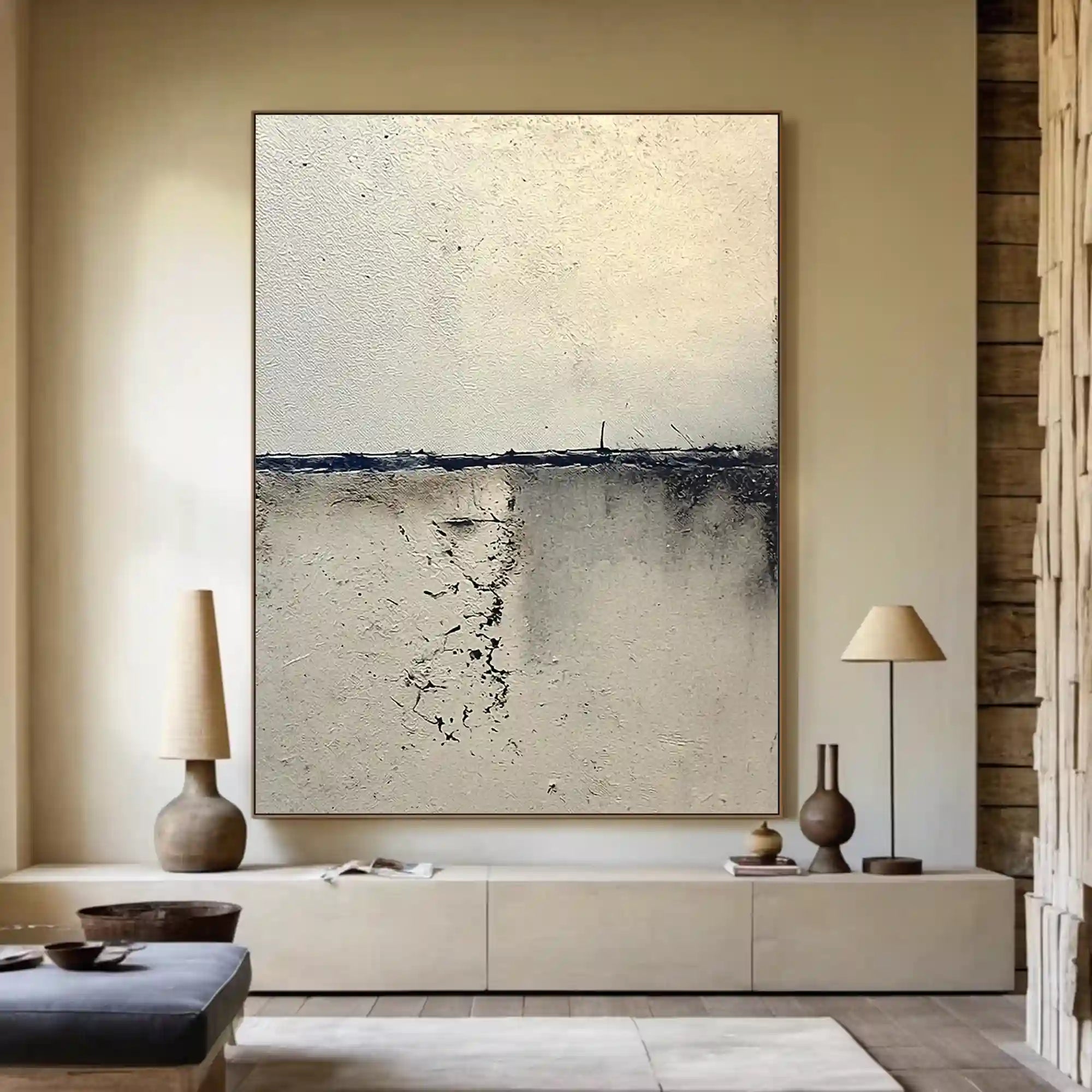 Minimalist Textured Abstract Wall Art in Ivory and Charcoal for Living Room