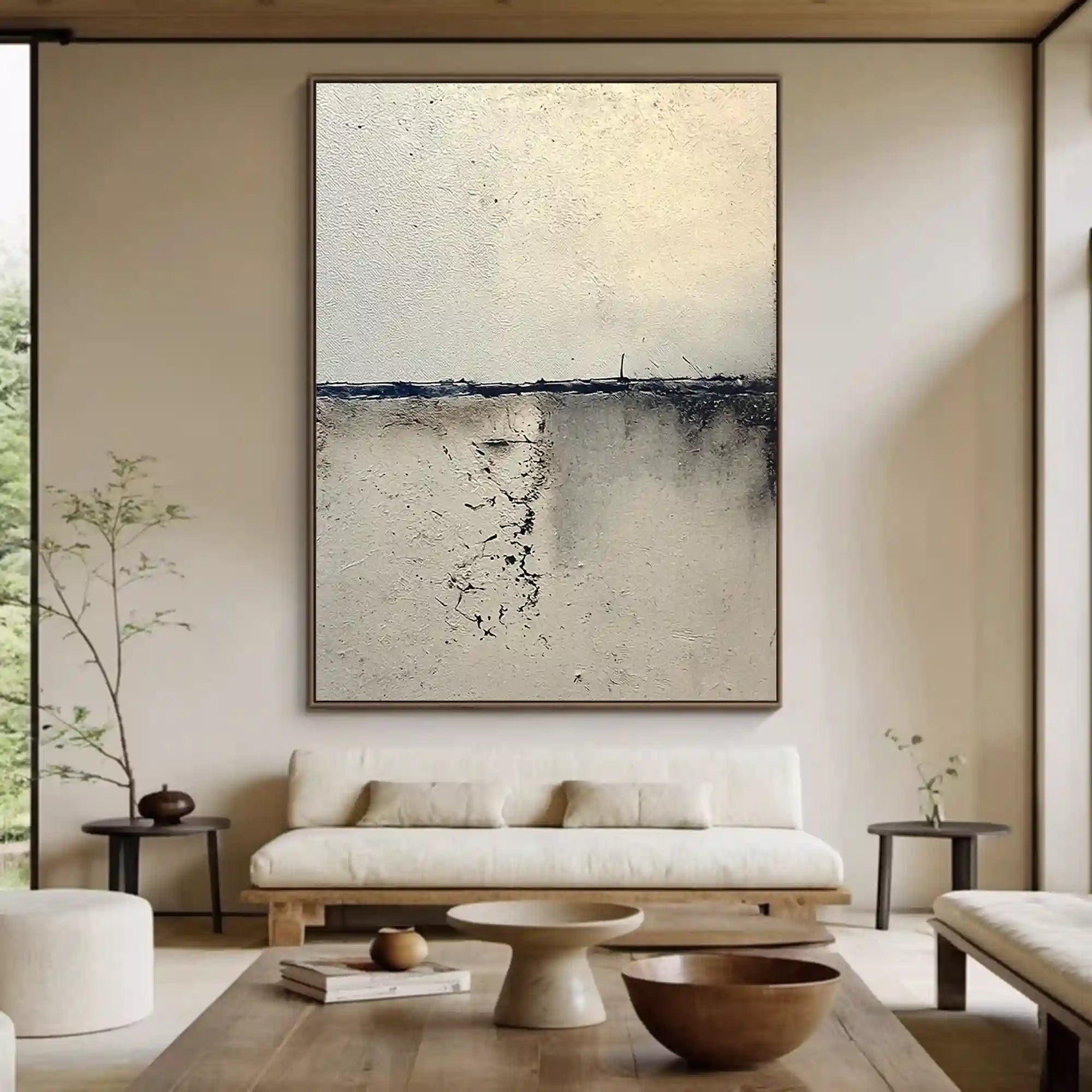 Minimalist Textured Abstract Wall Art in Ivory and Charcoal for Living Room
