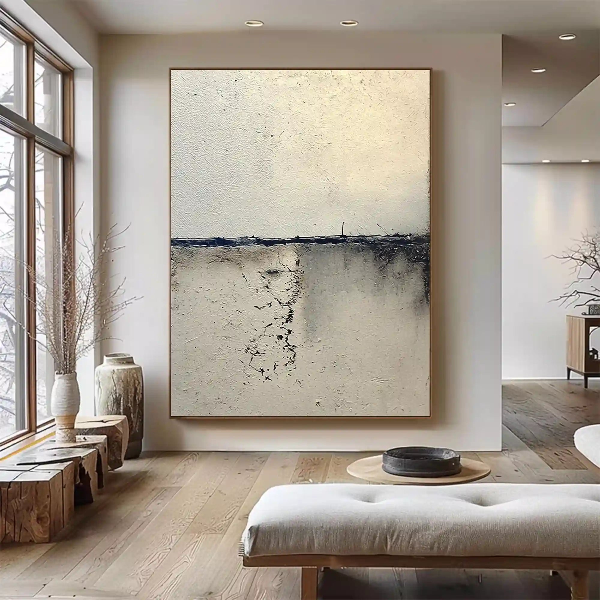 Minimalist Textured Abstract Wall Art in Ivory and Charcoal for Living Room