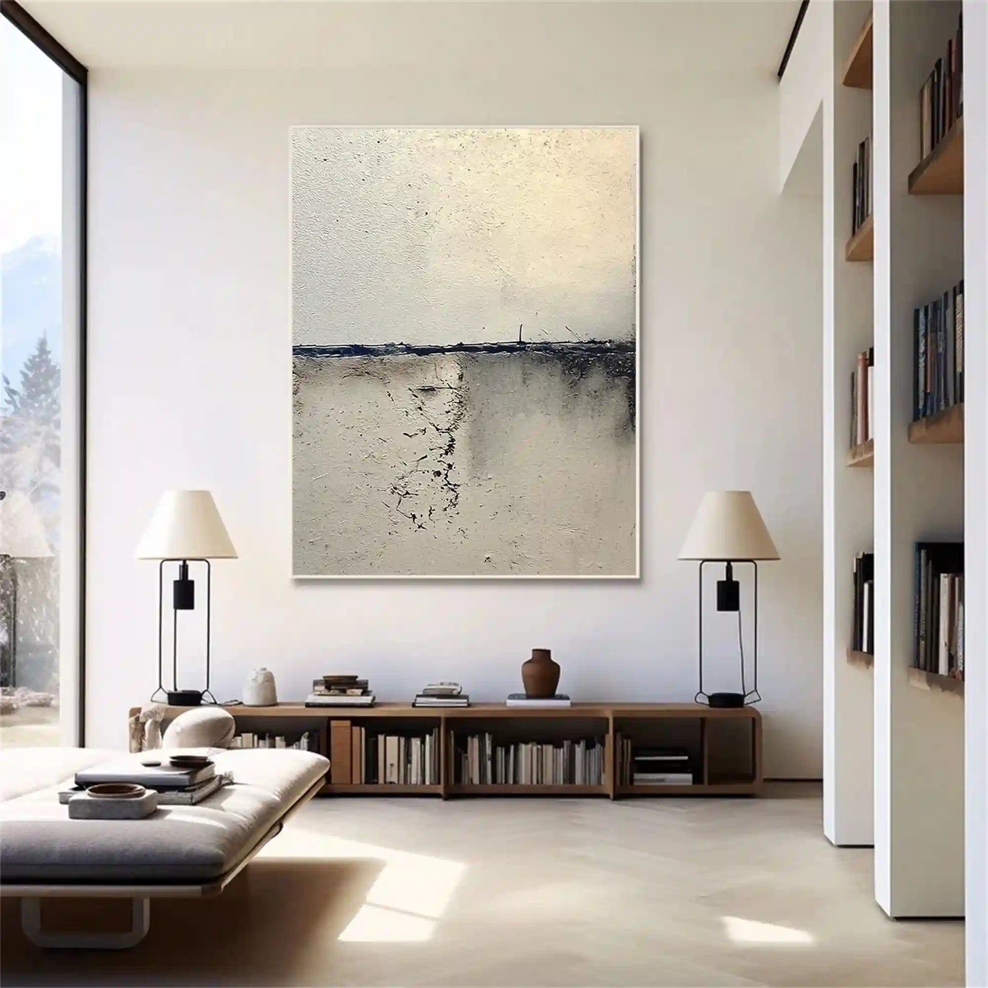 Minimalist Textured Abstract Wall Art in Ivory and Charcoal for Living Room