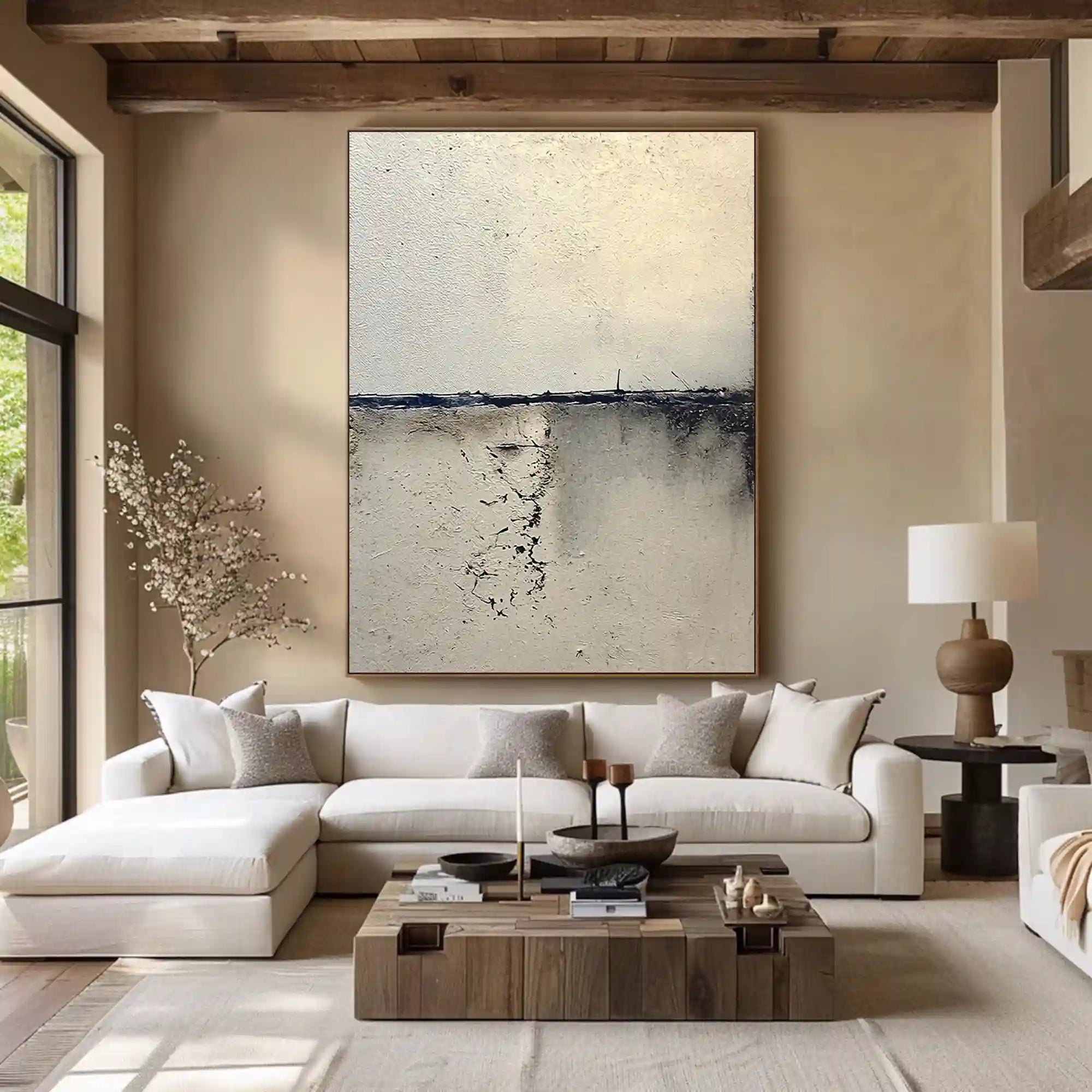 Minimalist Textured Abstract Wall Art in Ivory and Charcoal for Living Room