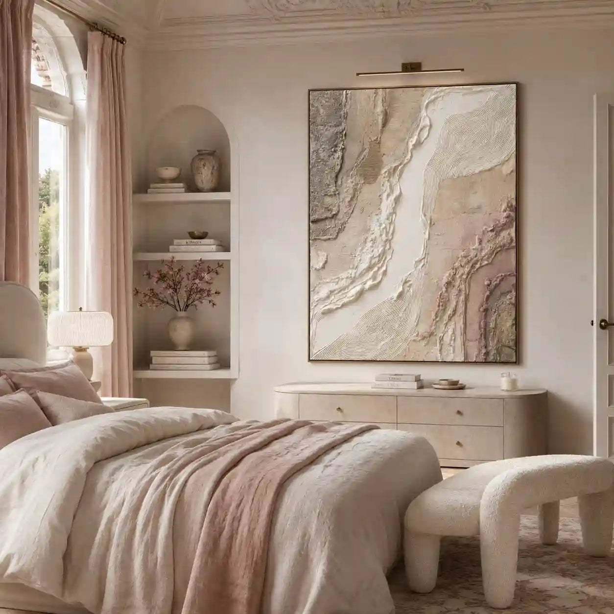 Soft Neutral Textured Abstract Wall Art in Beige and Blush for Bedroom