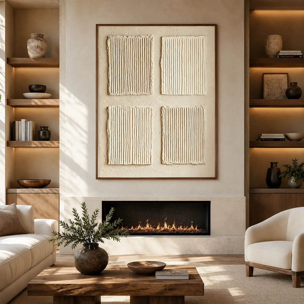 Square 3D Textured Grid Wall Art, Neutral Cream Beige Abstract for Living Room #AAPCEVVI