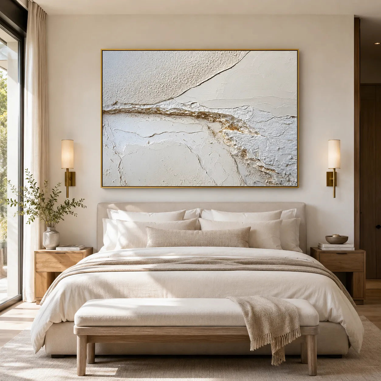 Horizontal 3D Textured Horizon Wall Art, Neutral Cream Charcoal Gold for Living Room #WJJ782G9
