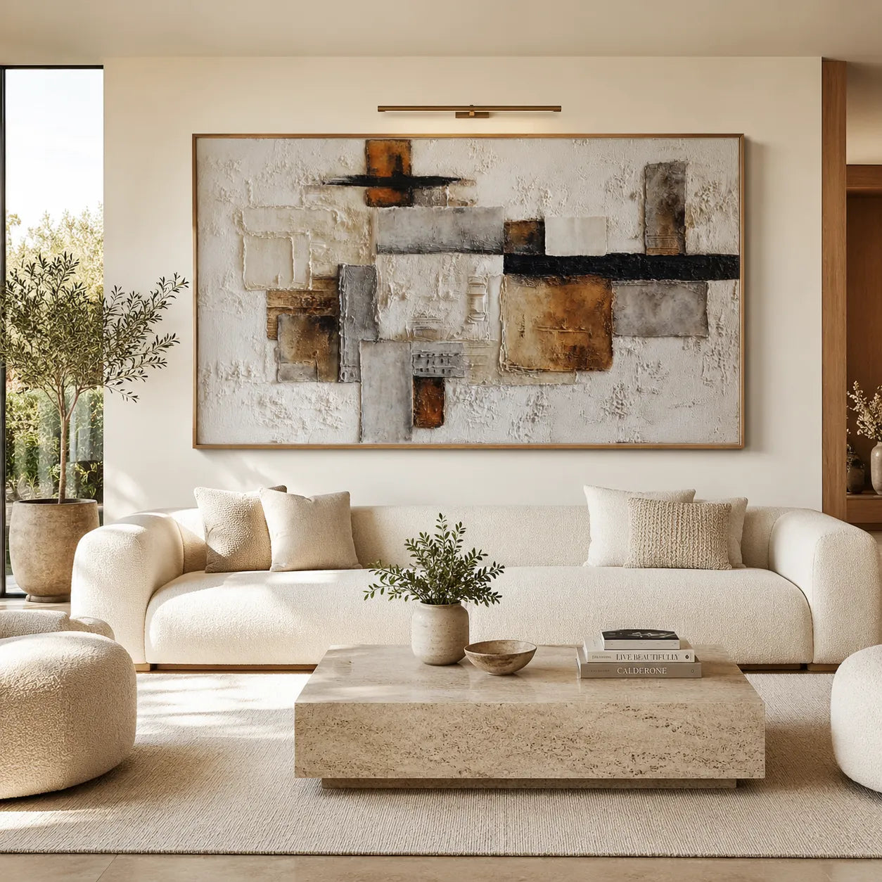 Horizontal 3D Textured Abstract Wall Art, Neutral Cream Ochre Black for Living Room #S4TO1VKO