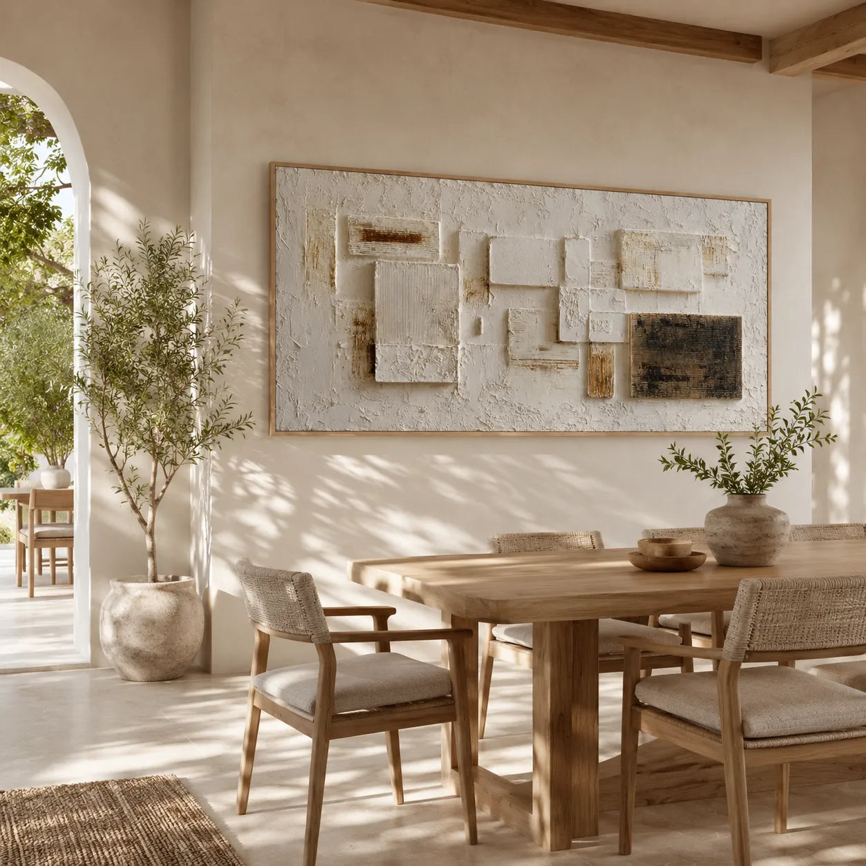 Horizontal Textured Geometric Wall Art, Neutral Cream Beige Black for Living Room #94H32ZBT