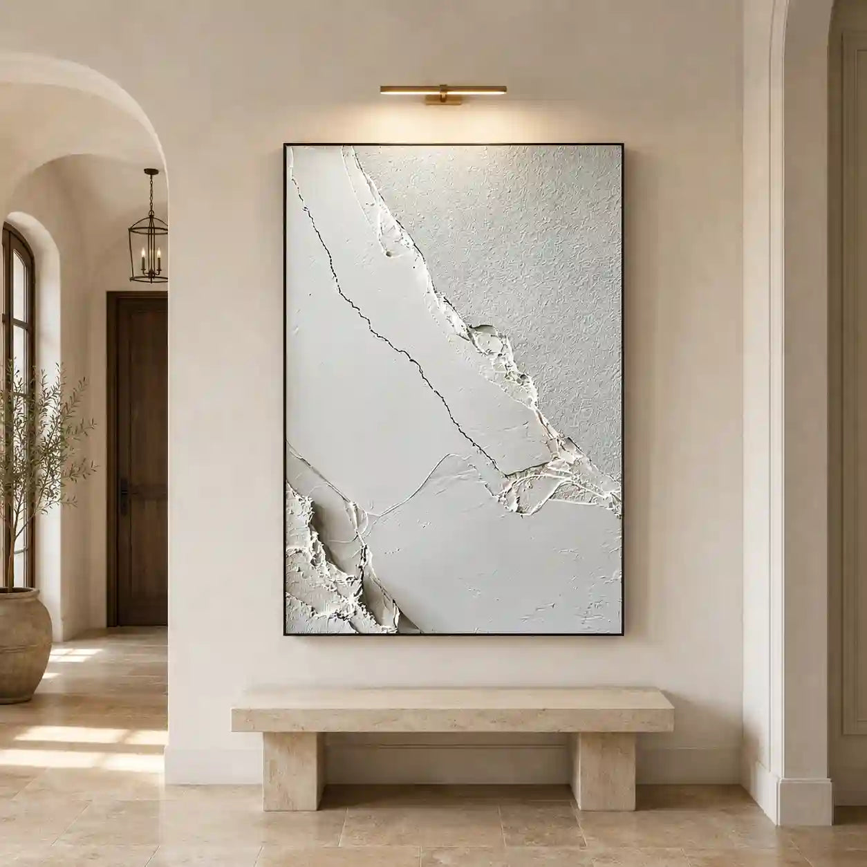 Minimalist White Textured Abstract Wall Art with Diagonal Lines for Entryway