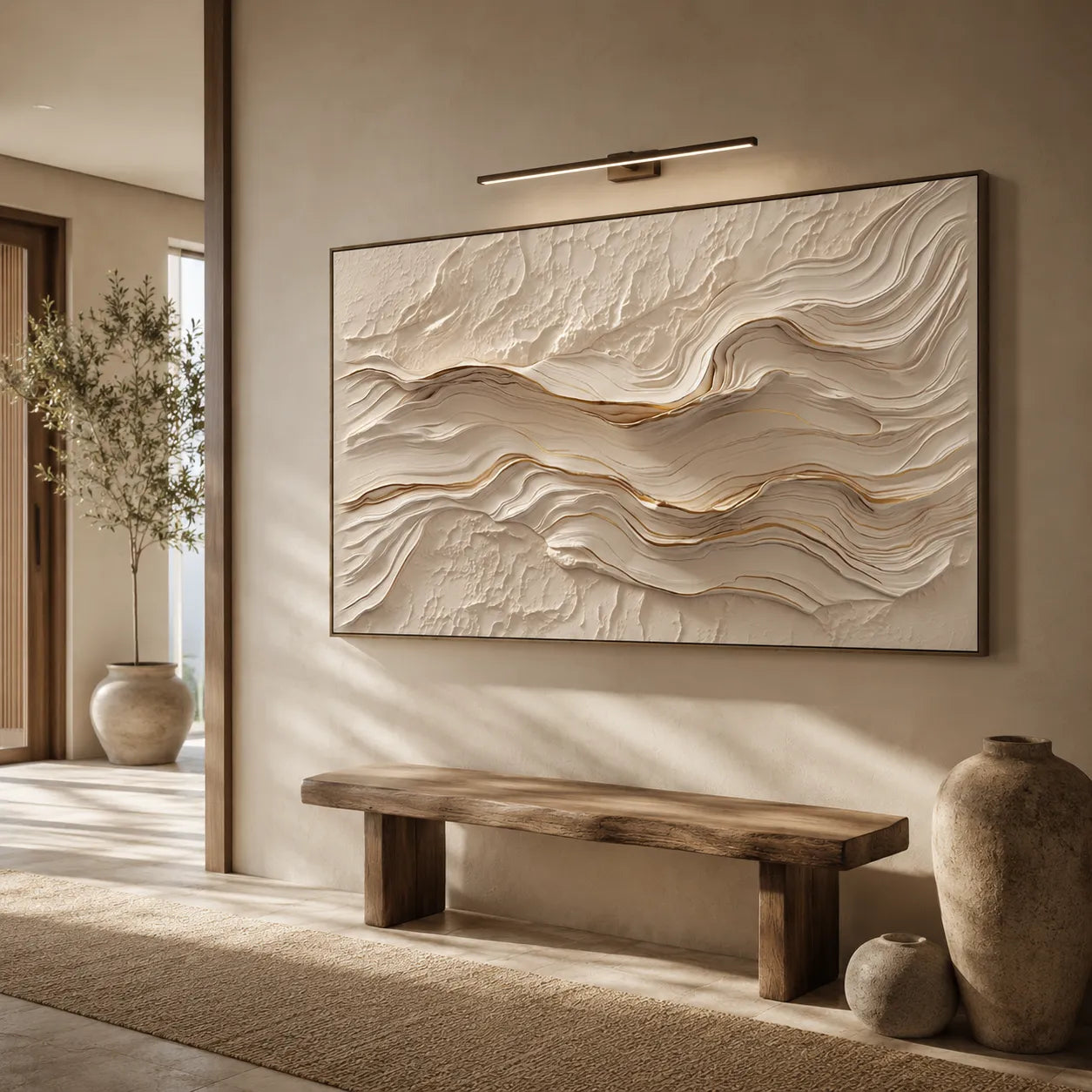 Horizontal 3D Textured Wave Wall Art, Neutral Cream Beige Abstract for Living Room #STTK0A3I