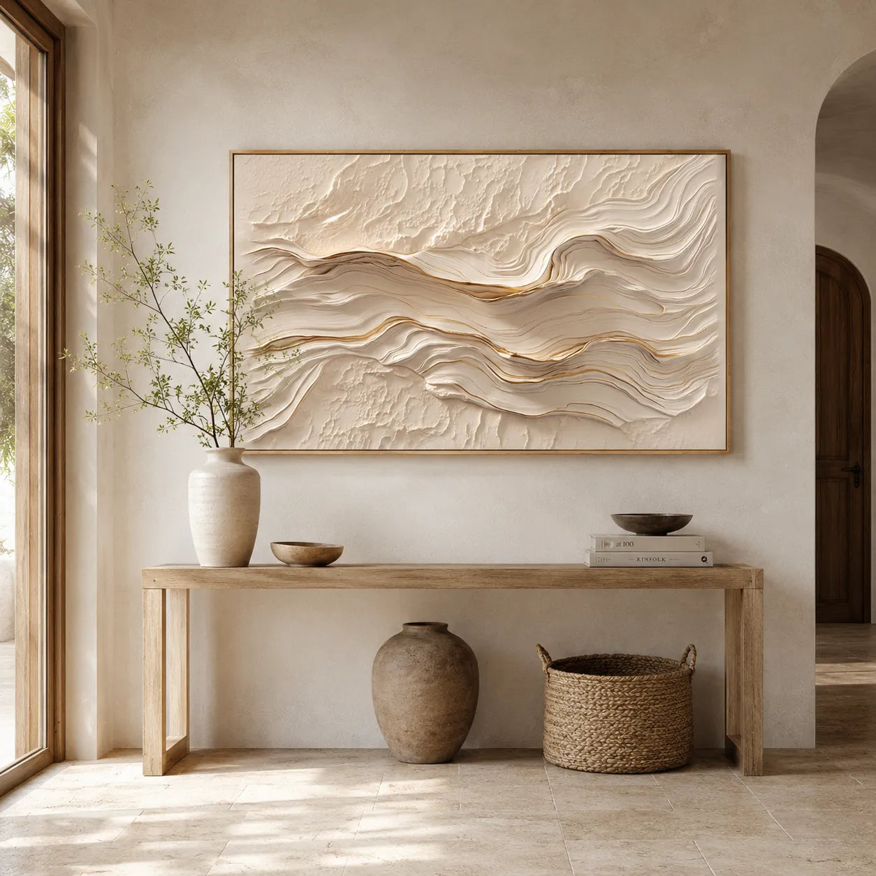 Horizontal 3D Textured Wave Wall Art, Neutral Cream Beige Abstract for Living Room #STTK0A3I