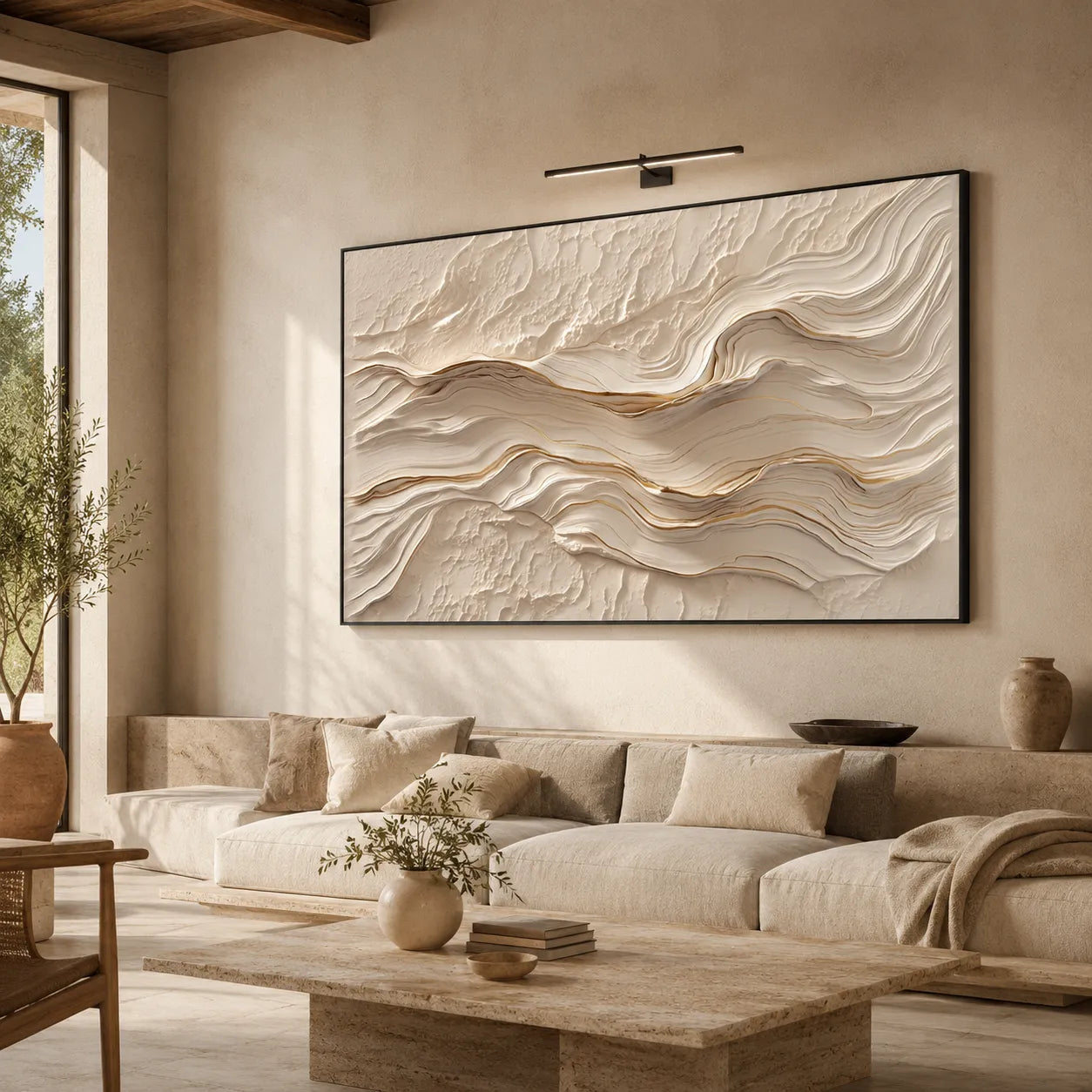 Horizontal 3D Textured Wave Wall Art, Neutral Cream Beige Abstract for Living Room #STTK0A3I