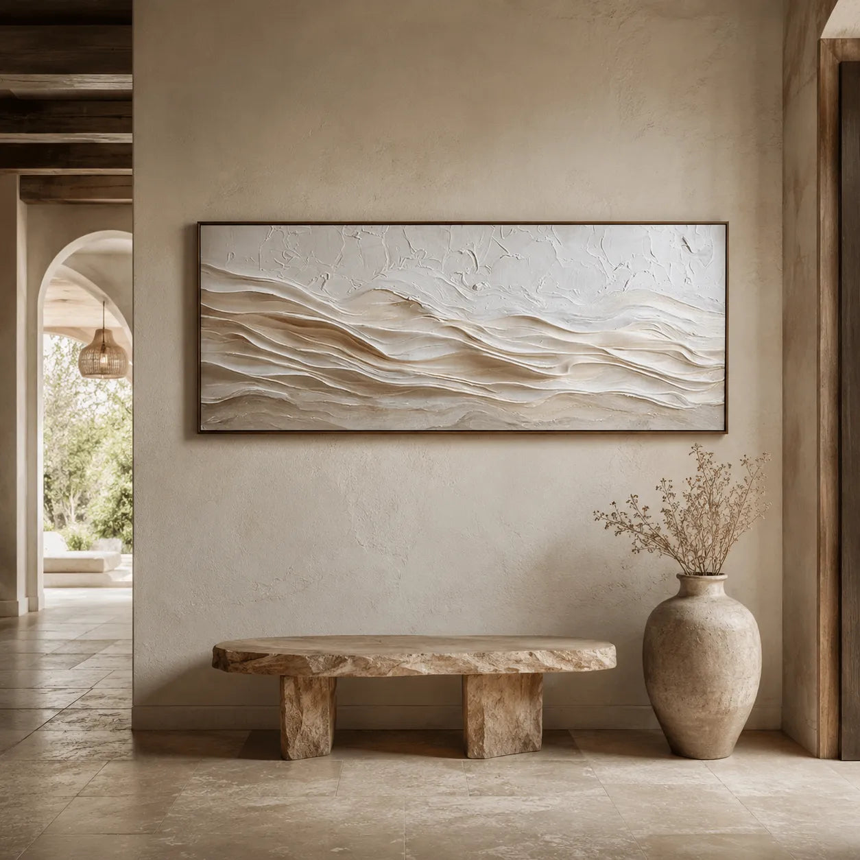 Horizontal 3D Textured Ridge Wall Art, Neutral Cream Beige Abstract for Living Room#ZNS5AB2A