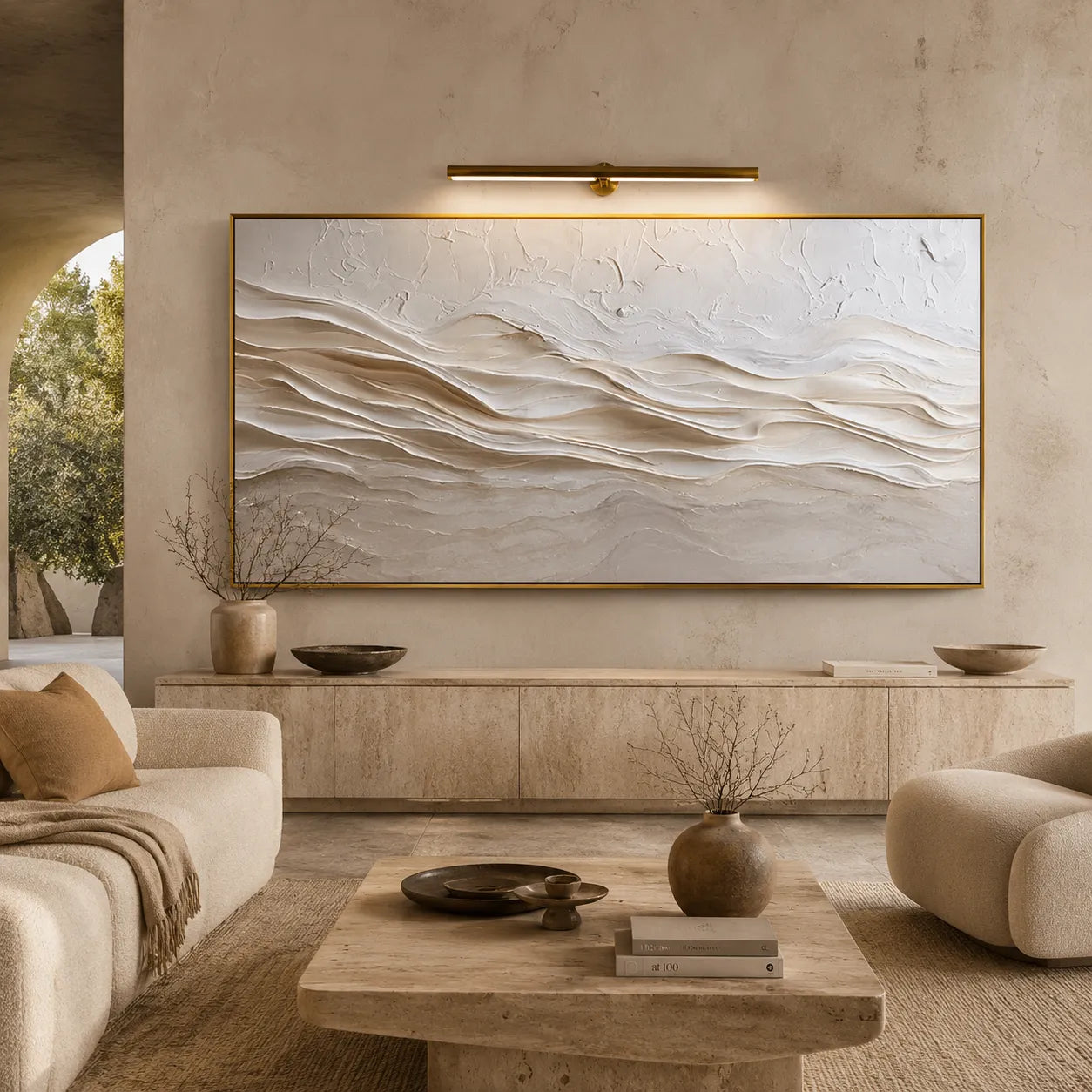 Horizontal 3D Textured Ridge Wall Art, Neutral Cream Beige Abstract for Living Room#ZNS5AB2A