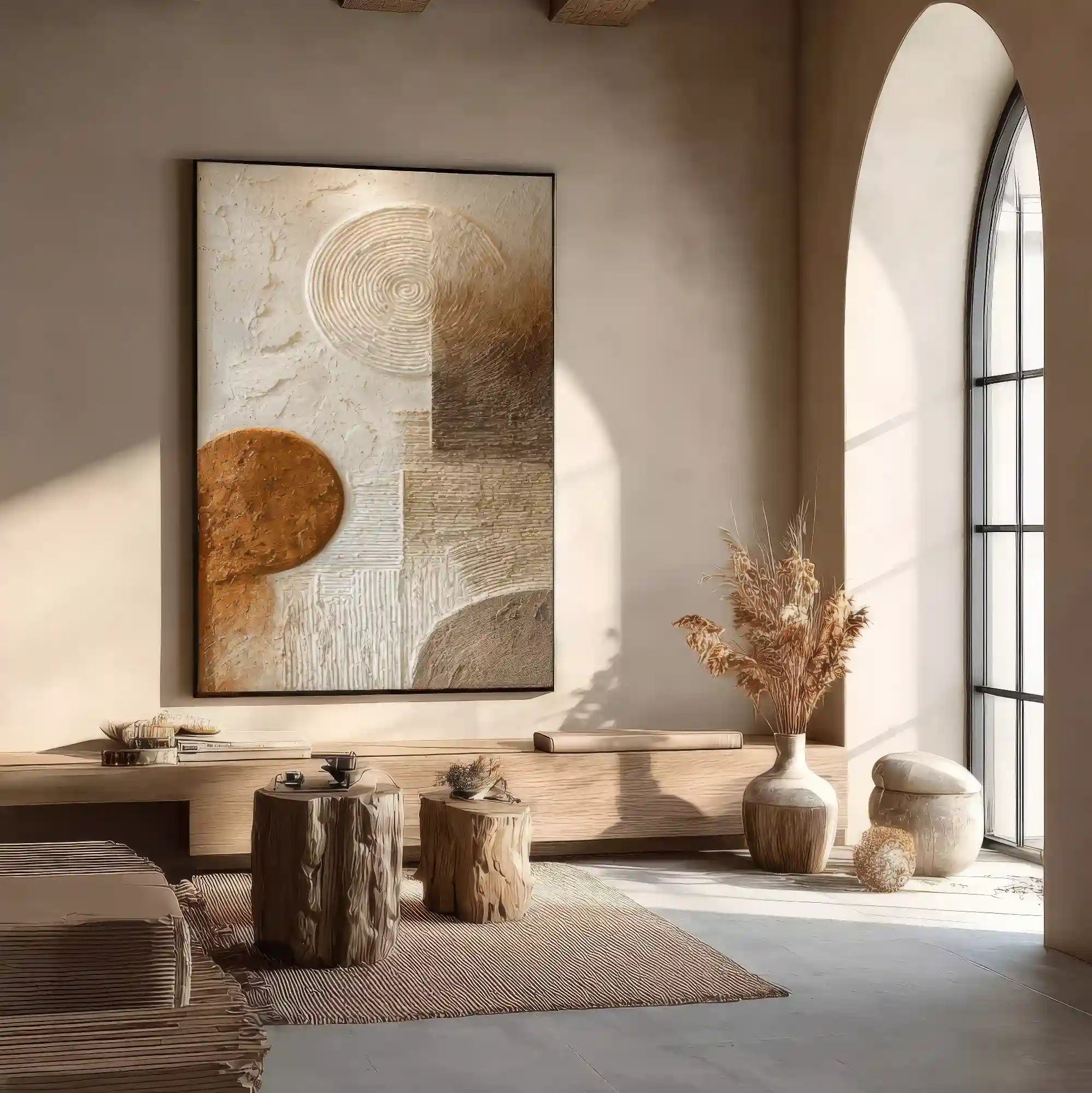 Earth Tone Geometric Textured Wall Art with Organic Circles for Living Room