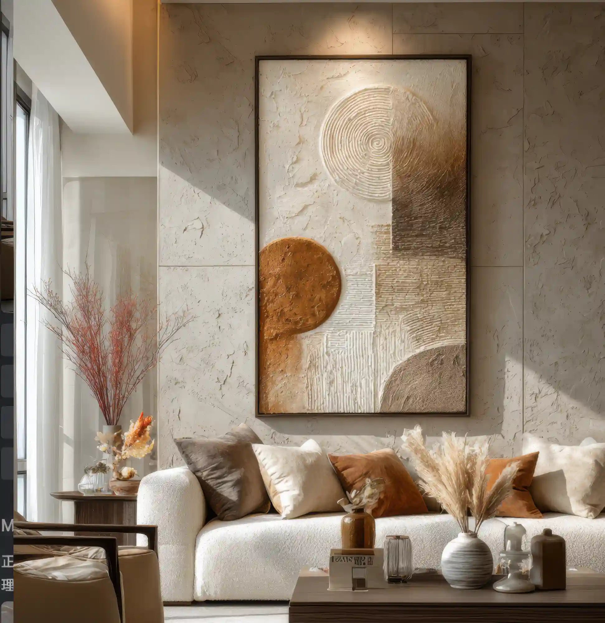 Earth Tone Geometric Textured Wall Art with Organic Circles for Living Room