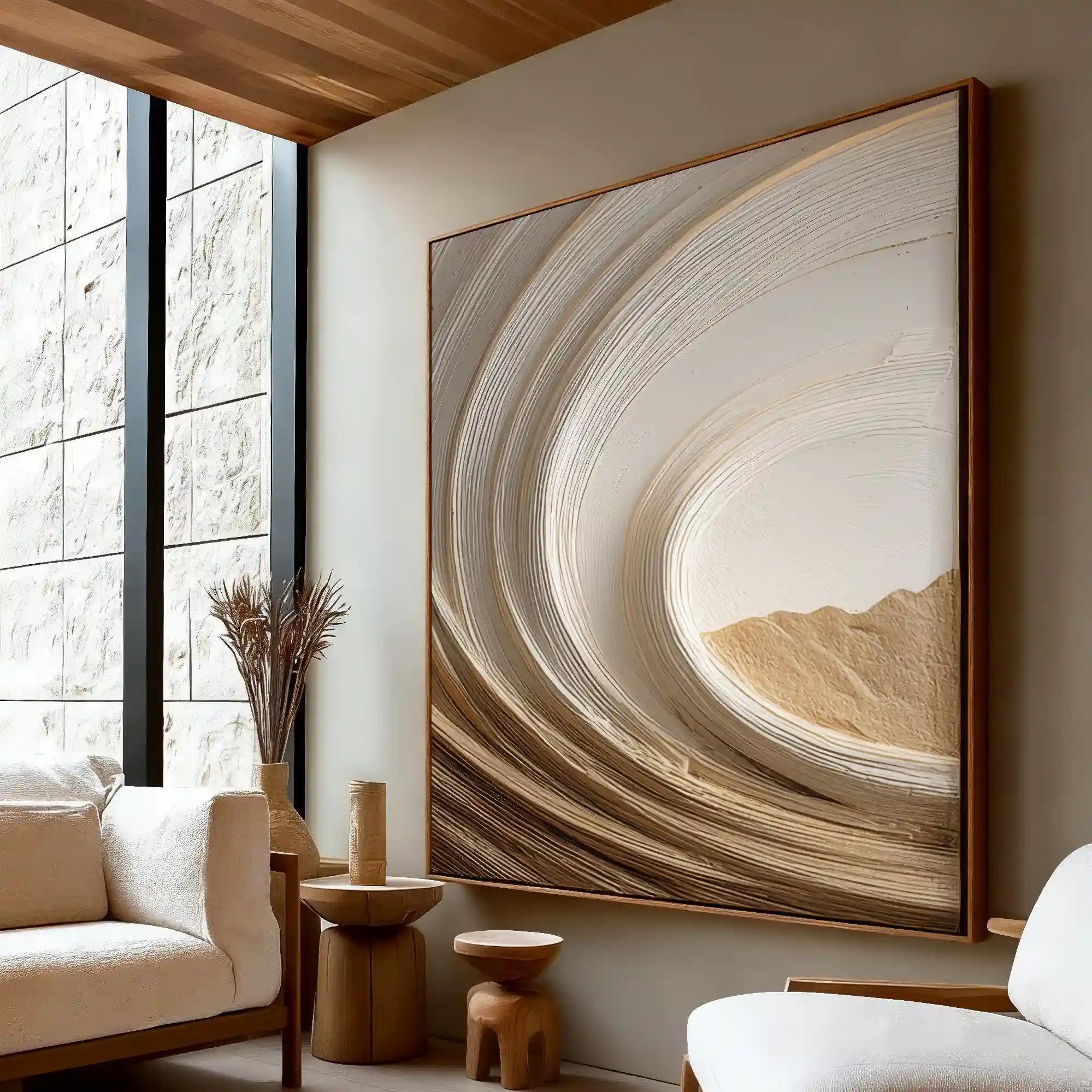 Warm Neutral Textured Abstract Wall Art with Flowing Curves for Living Room