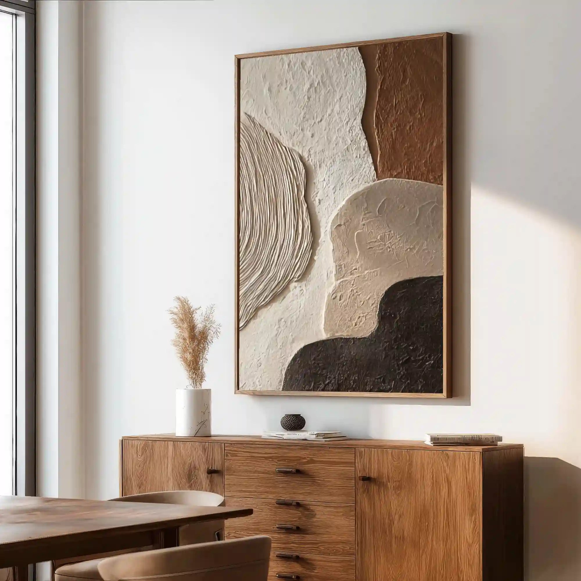 Earth Tone Geometric Textured Wall Art with Organic Shapes for Living Room