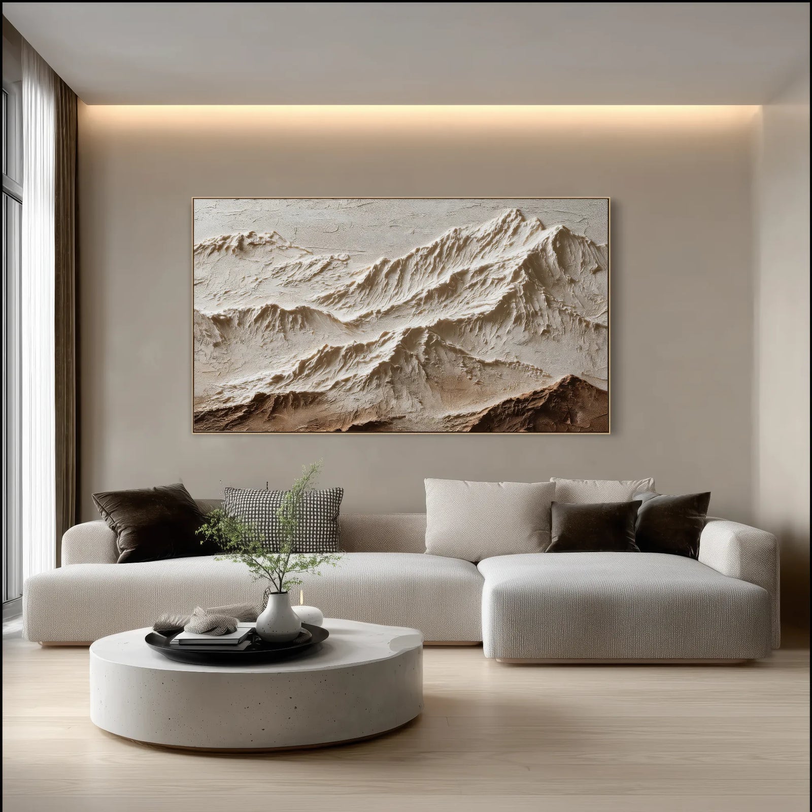 Horizontal 3D Textured Mountain Wall Art, Neutral Cream Beige Landscape for Living Room #E4NYNKVD