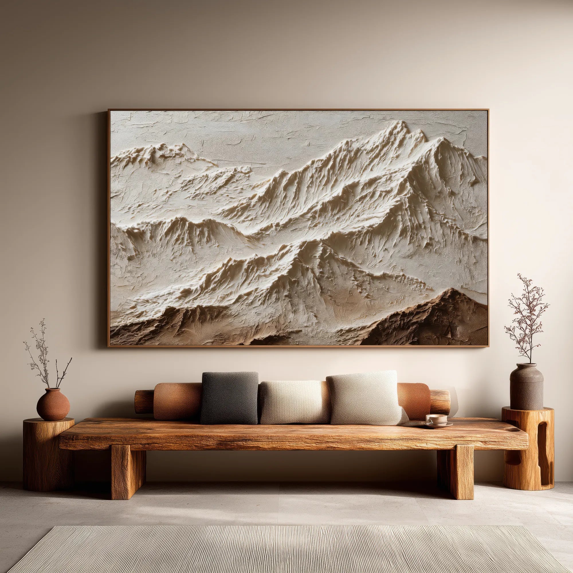 Horizontal 3D Textured Mountain Wall Art, Neutral Cream Beige Landscape for Living Room #E4NYNKVD