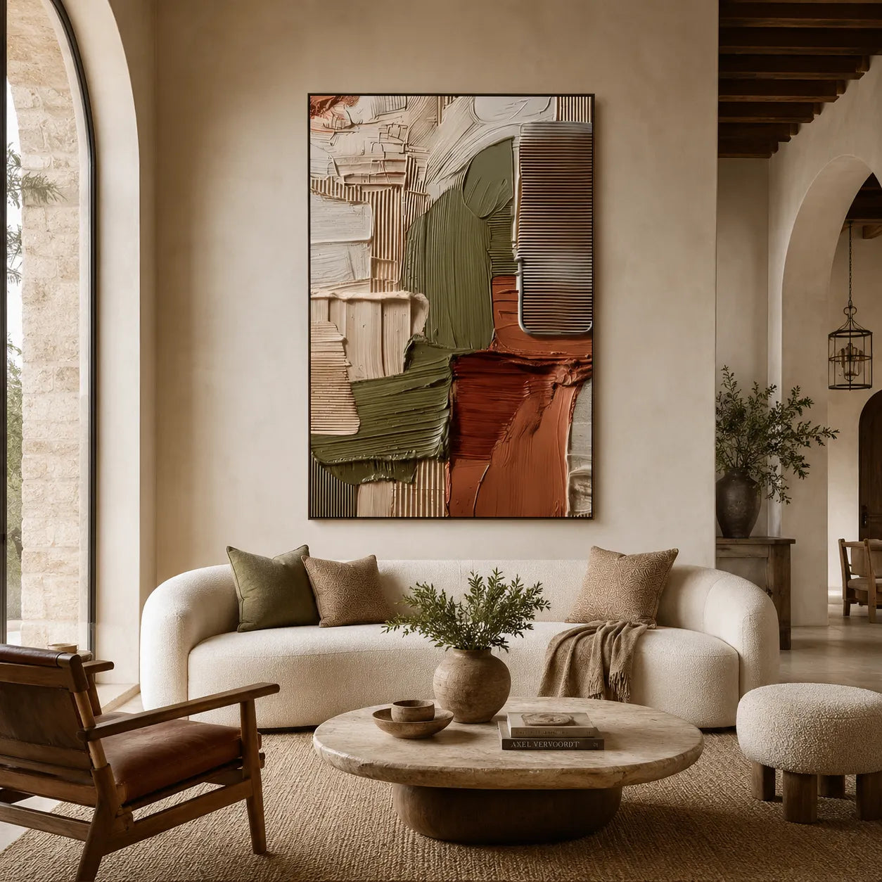 3D Textured Earth Tone Abstract Wall Art, Olive Terracotta Cream for Living Room #DX9VZUBS