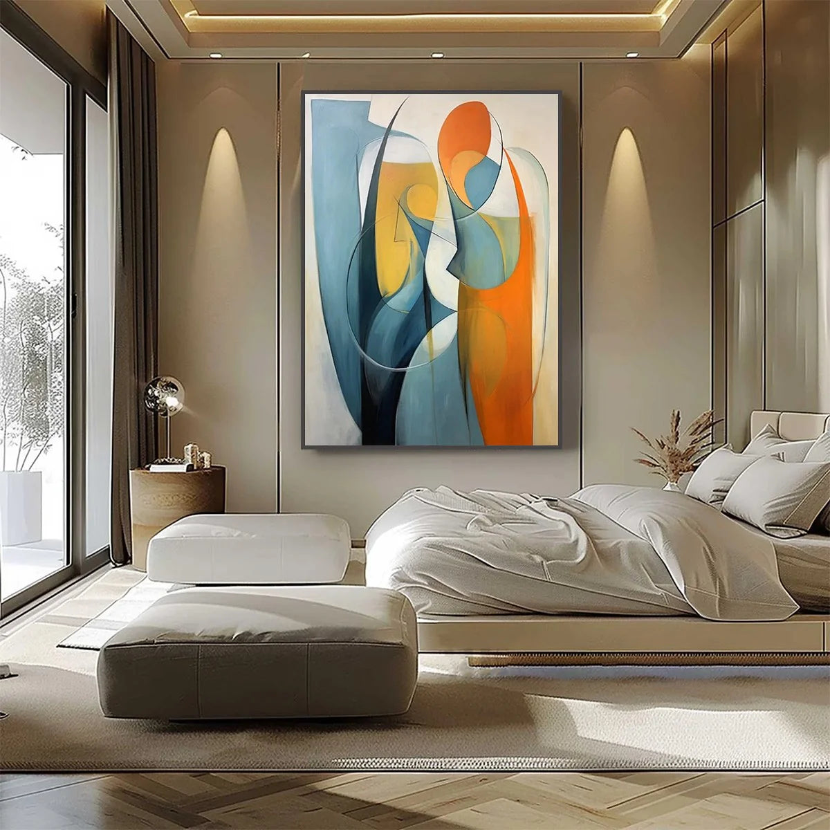 Abstract Blue & Orange Oil Painting, Modern Hand-Painted Wall Art #AB155