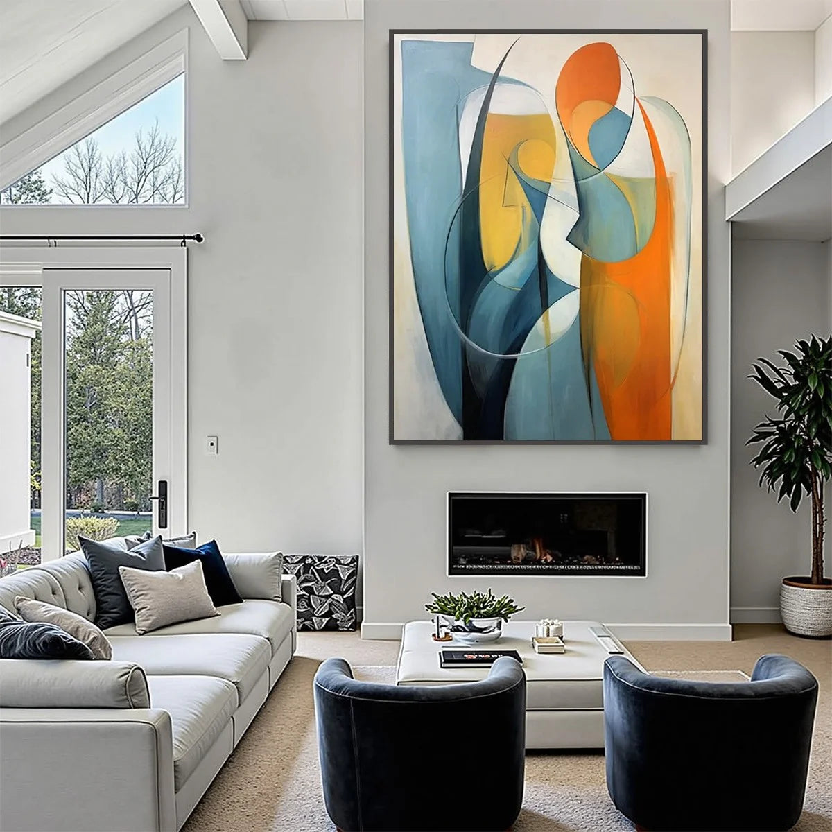 Abstract Blue & Orange Oil Painting, Modern Hand-Painted Wall Art #AB155