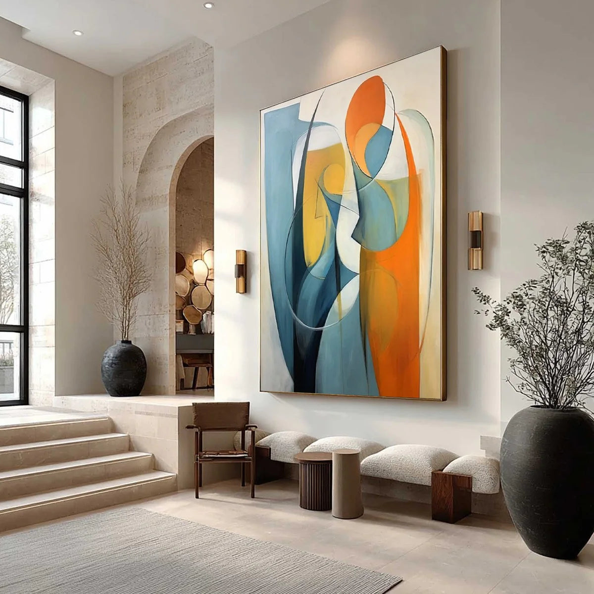 Abstract Blue & Orange Oil Painting, Modern Hand-Painted Wall Art #AB155