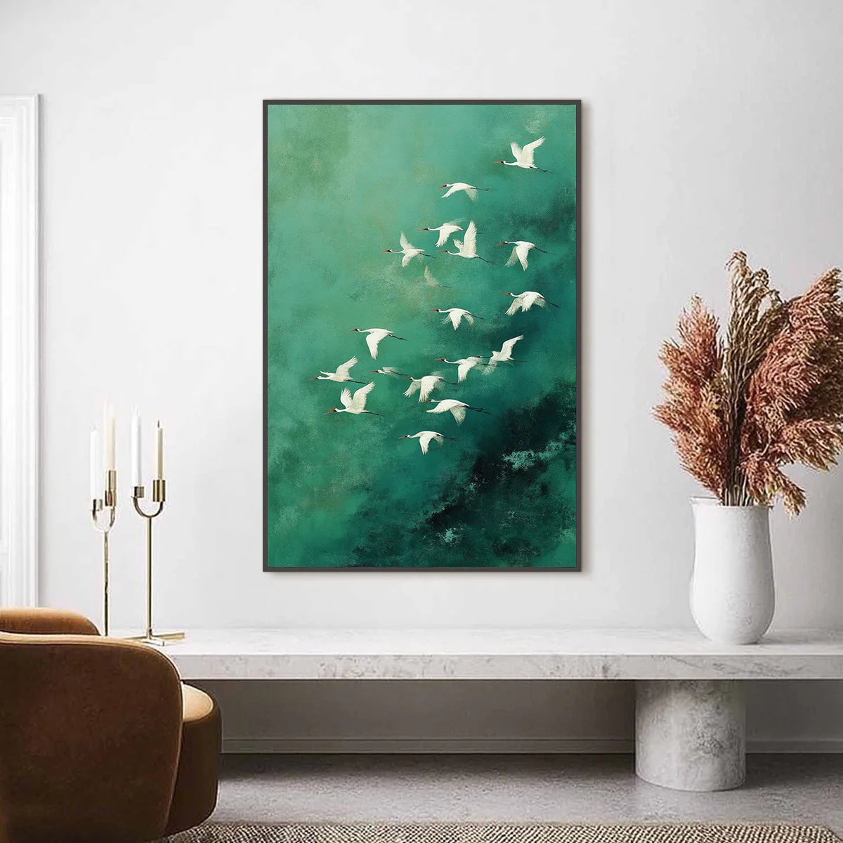 Emerald Green Crane Oil Painting, Original Hand-Painted Wall Art #AM405