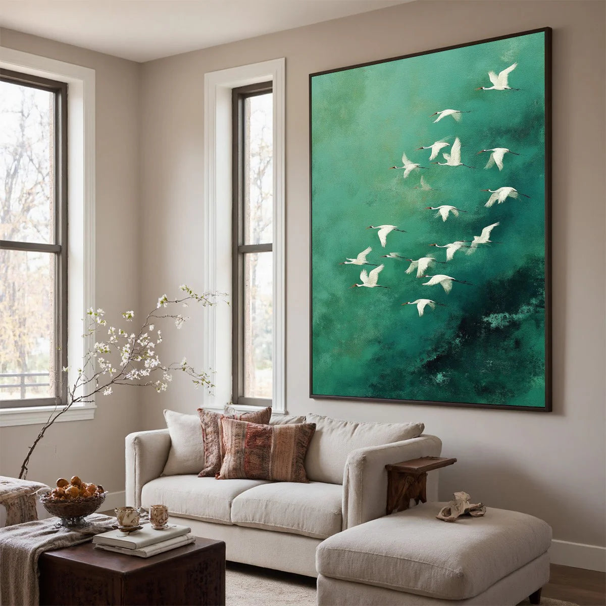 Emerald Green Crane Oil Painting, Original Hand-Painted Wall Art #AM405