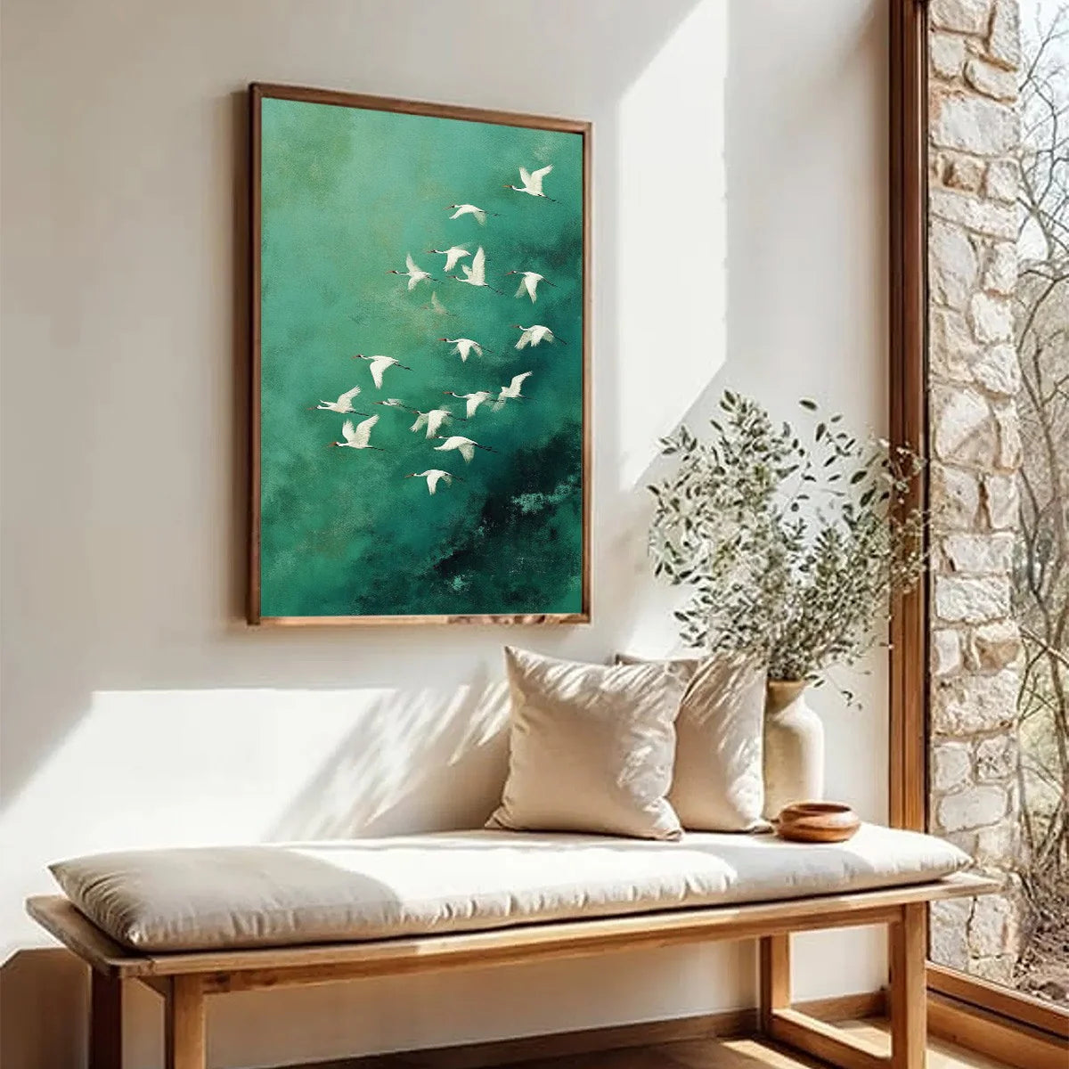 Emerald Green Crane Oil Painting, Original Hand-Painted Wall Art #AM405