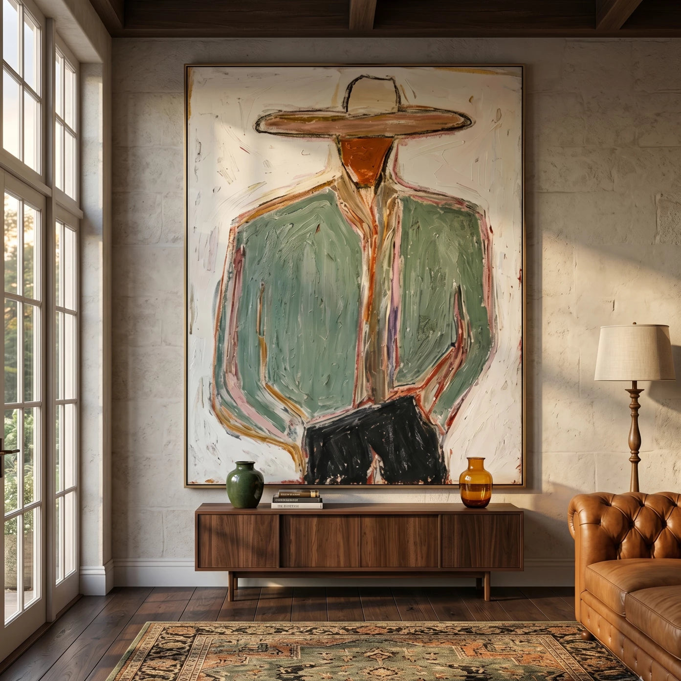 Abstract Cowboy Figure Oil Painting, Earthy Green Wall Art #AB140