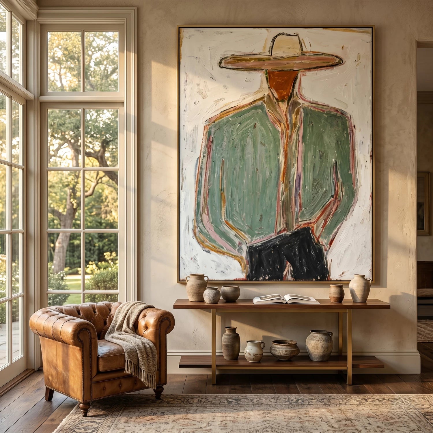 Abstract Cowboy Figure Oil Painting, Earthy Green Wall Art #AB140