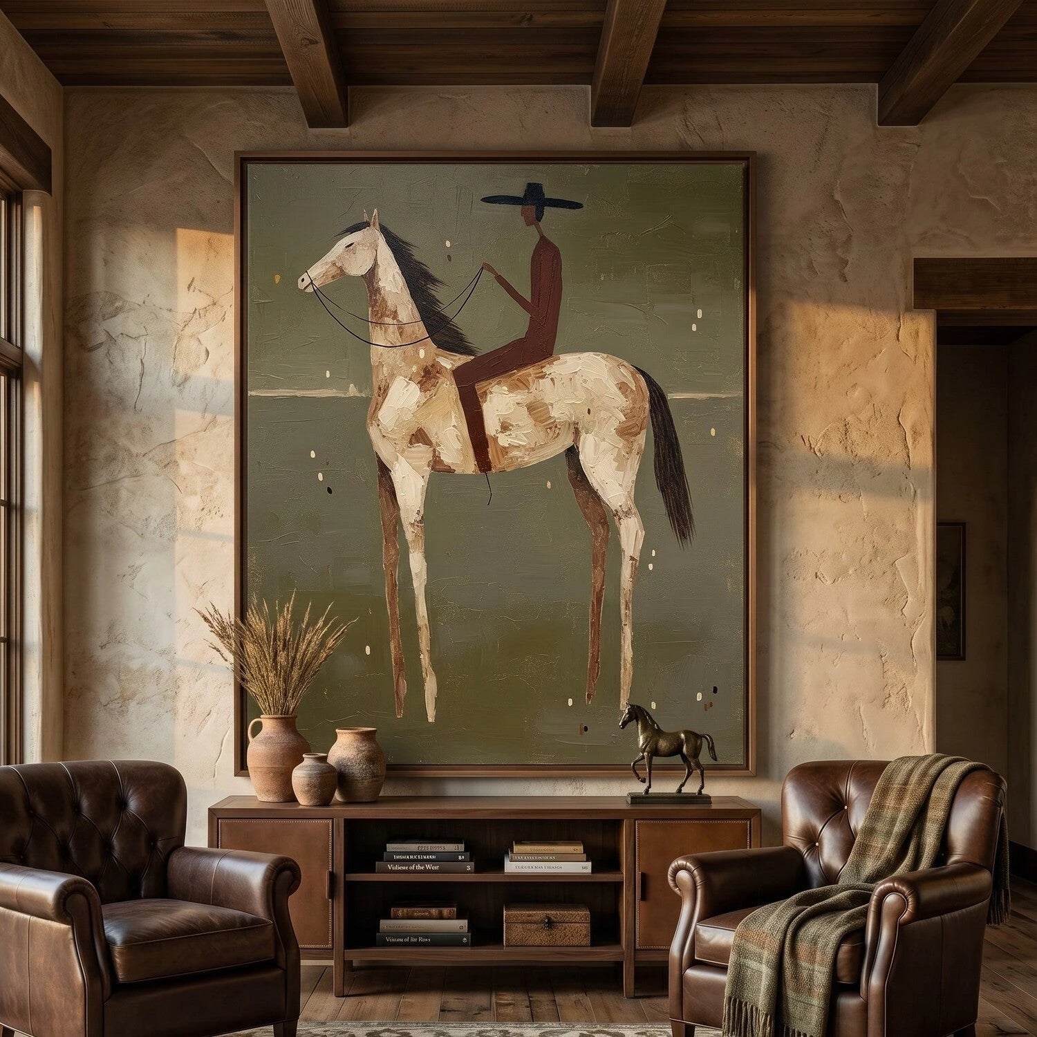 Hand-painted Abstract Cowboy on Horse Oil Painting, Neutral Western Wall Art #AB141