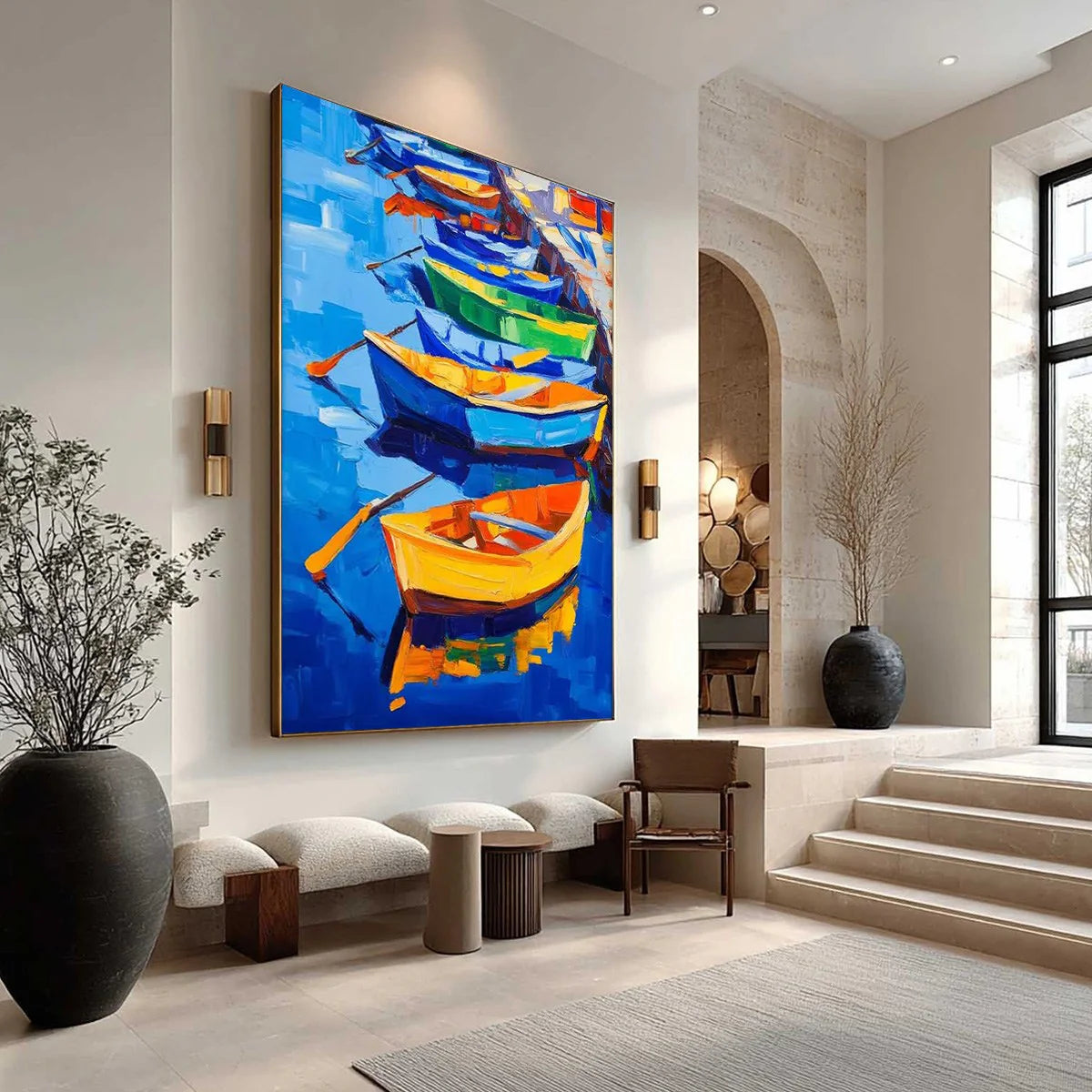 Colorful Boats Oil Painting, Original Hand-painted Wall Art #AB354