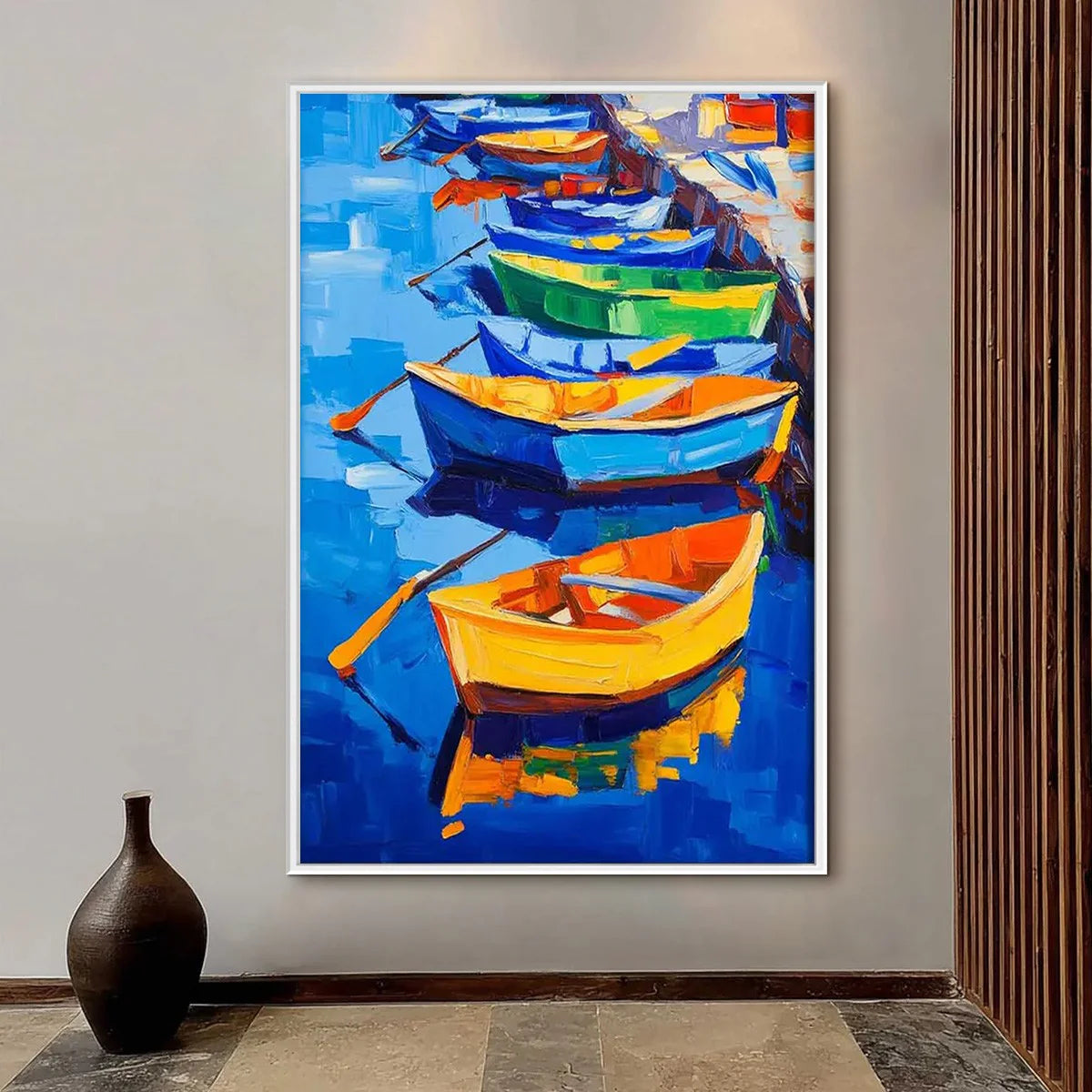 Colorful Boats Oil Painting, Original Hand-painted Wall Art #AB354