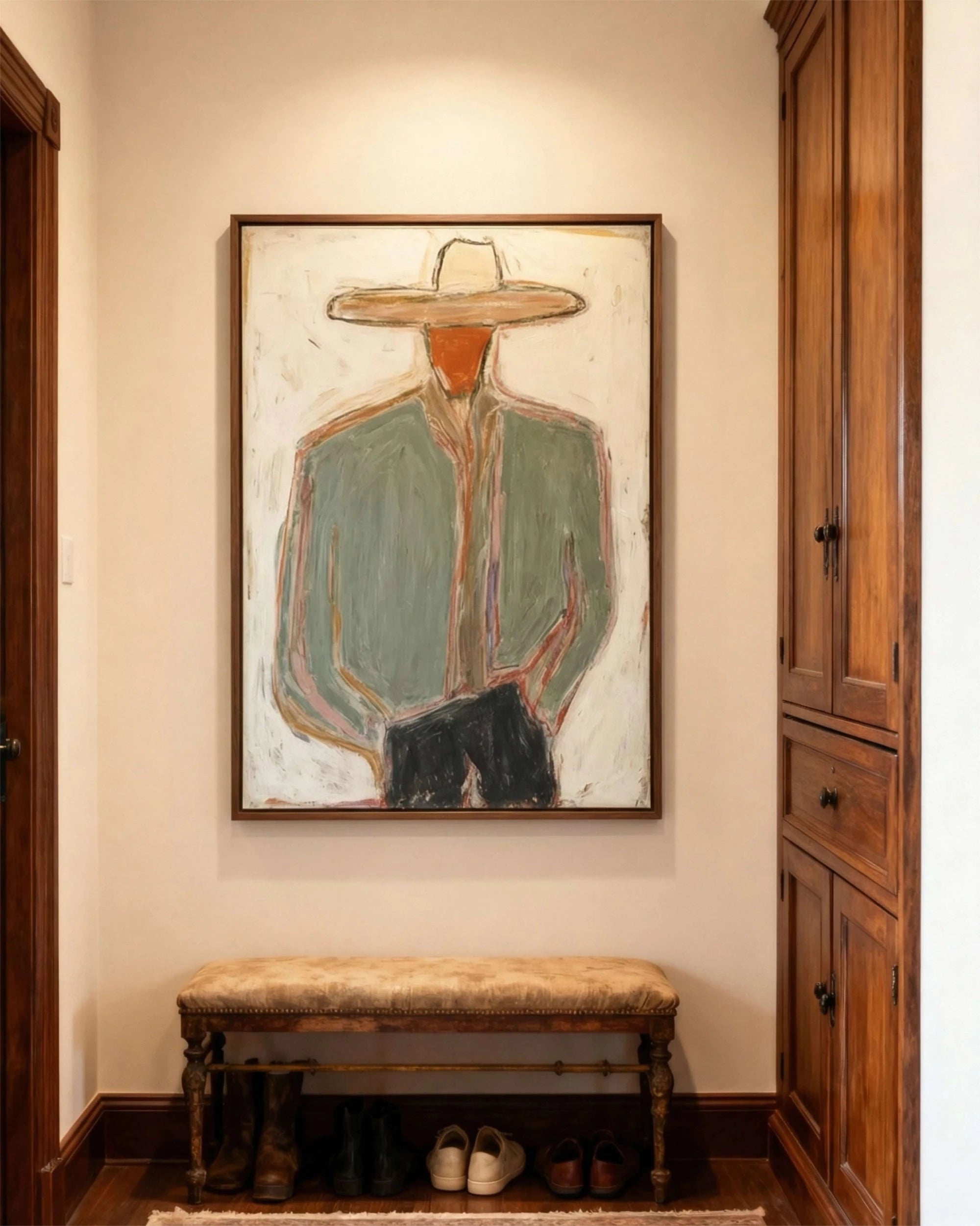 Abstract Cowboy Figure Oil Painting, Earthy Green Wall Art #AB140