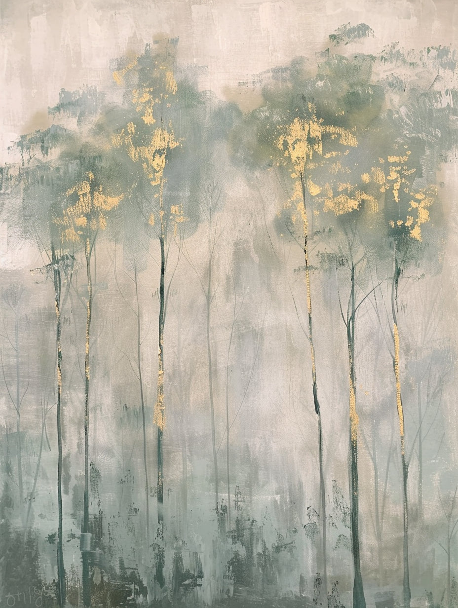 Misty Sage Green Forest Oil Painting with Gold Leaf Accents #FT208